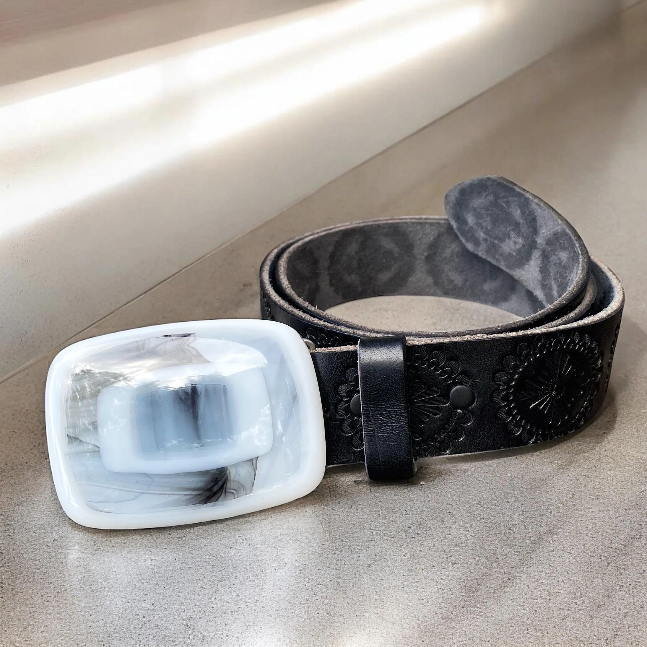 Bold & Colorful Geometric Handblown Glass Buckle Leather Belt