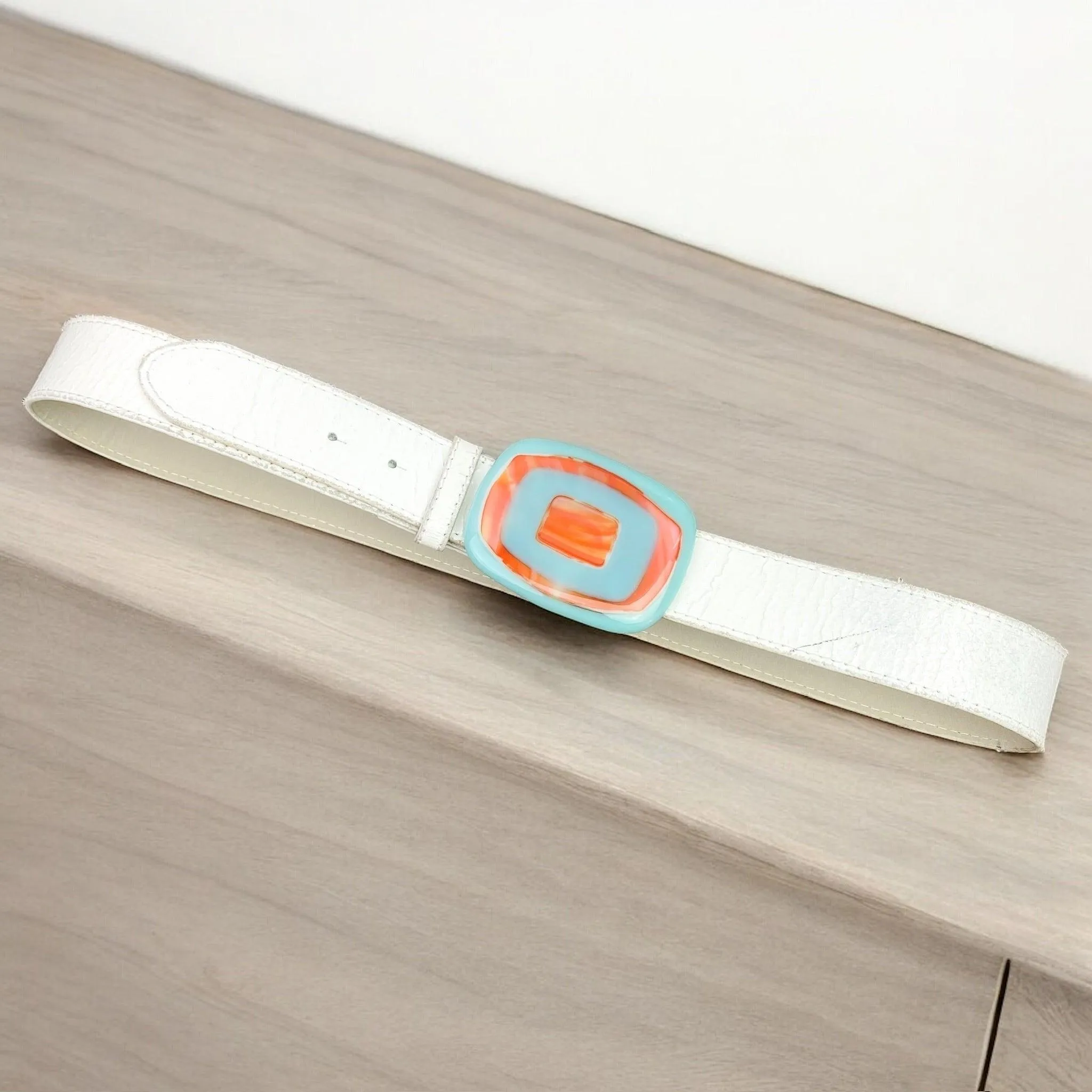 Bold & Colorful Geometric Handblown Glass Buckle Leather Belt