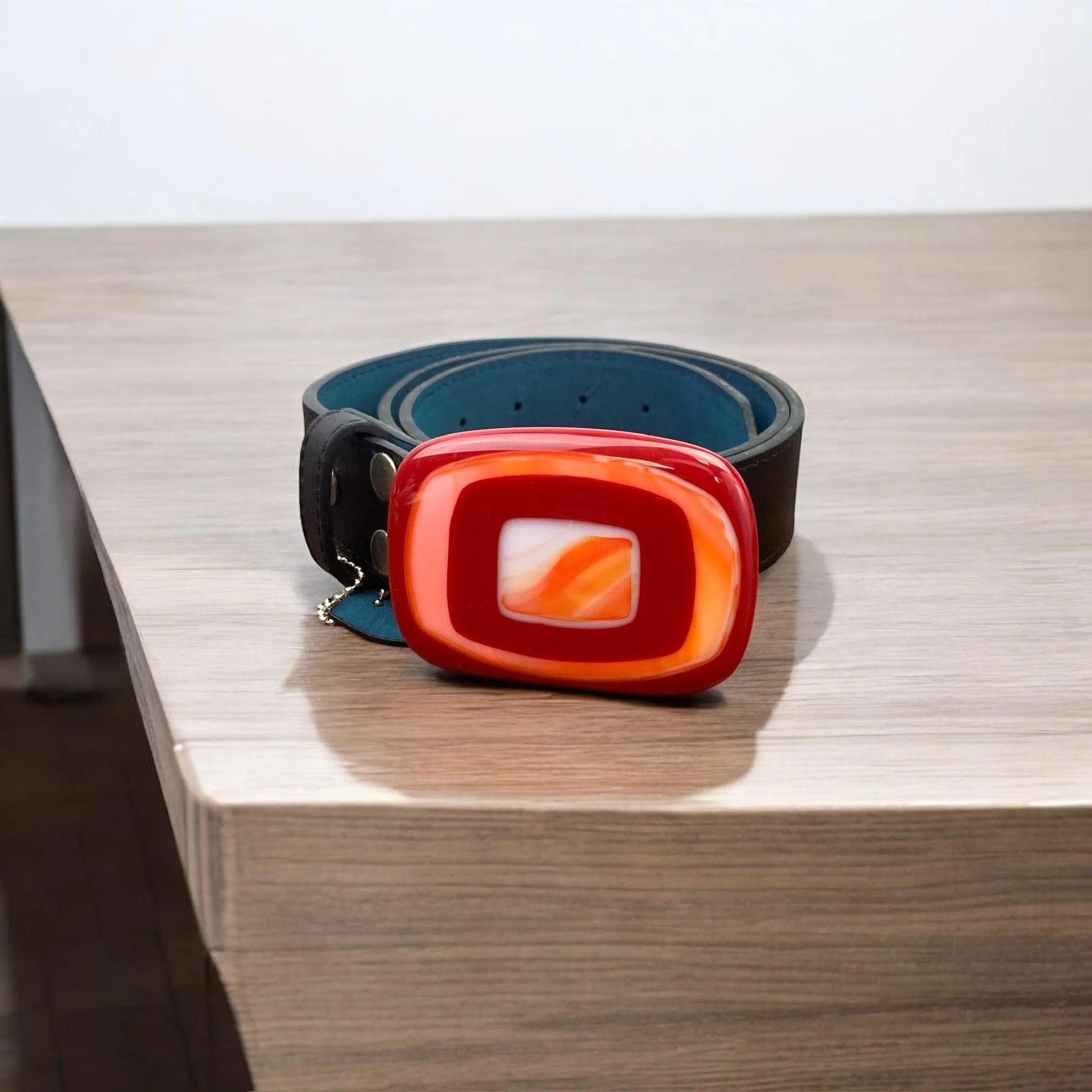 Bold & Colorful Geometric Handblown Glass Buckle Leather Belt