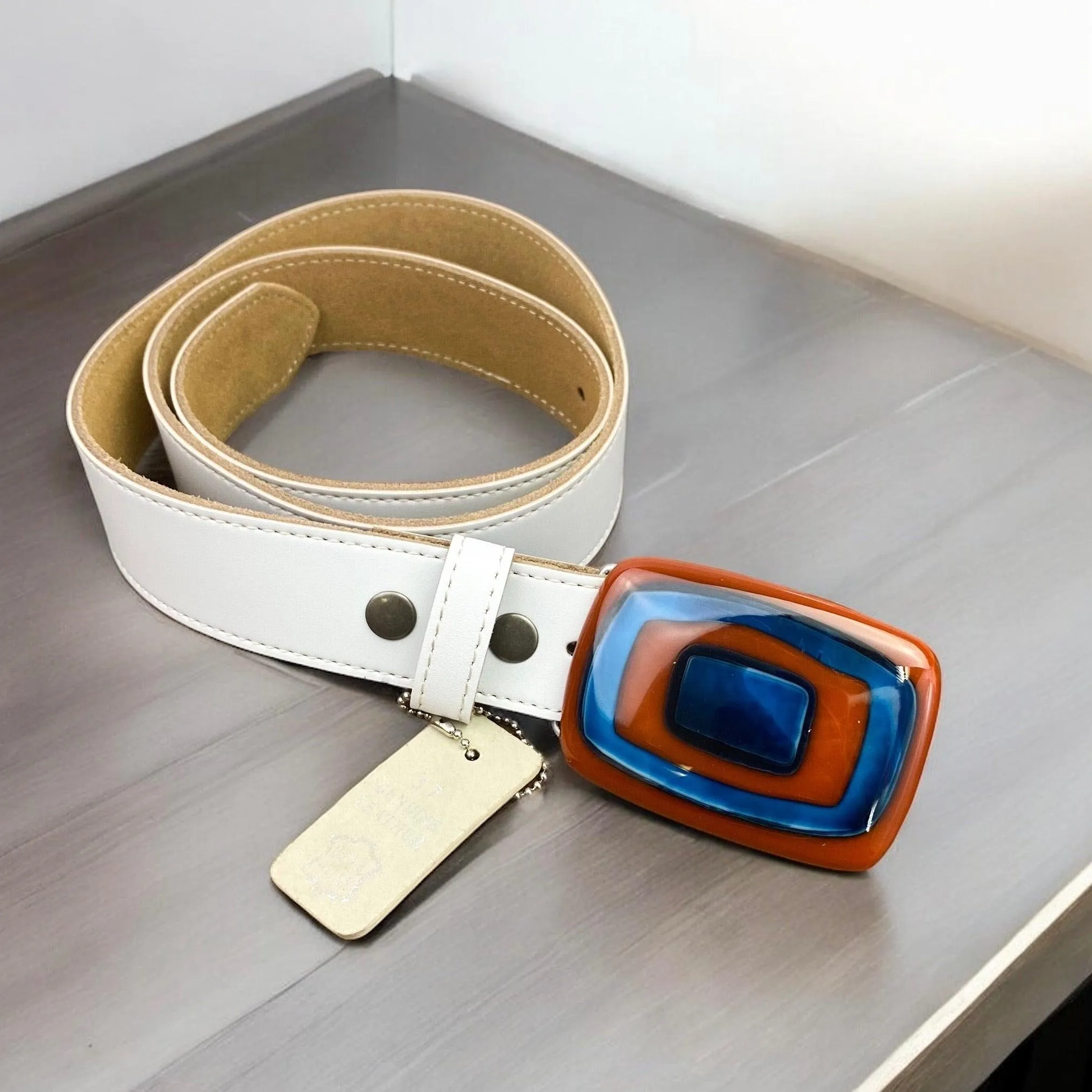 Bold & Colorful Geometric Handblown Glass Buckle Leather Belt