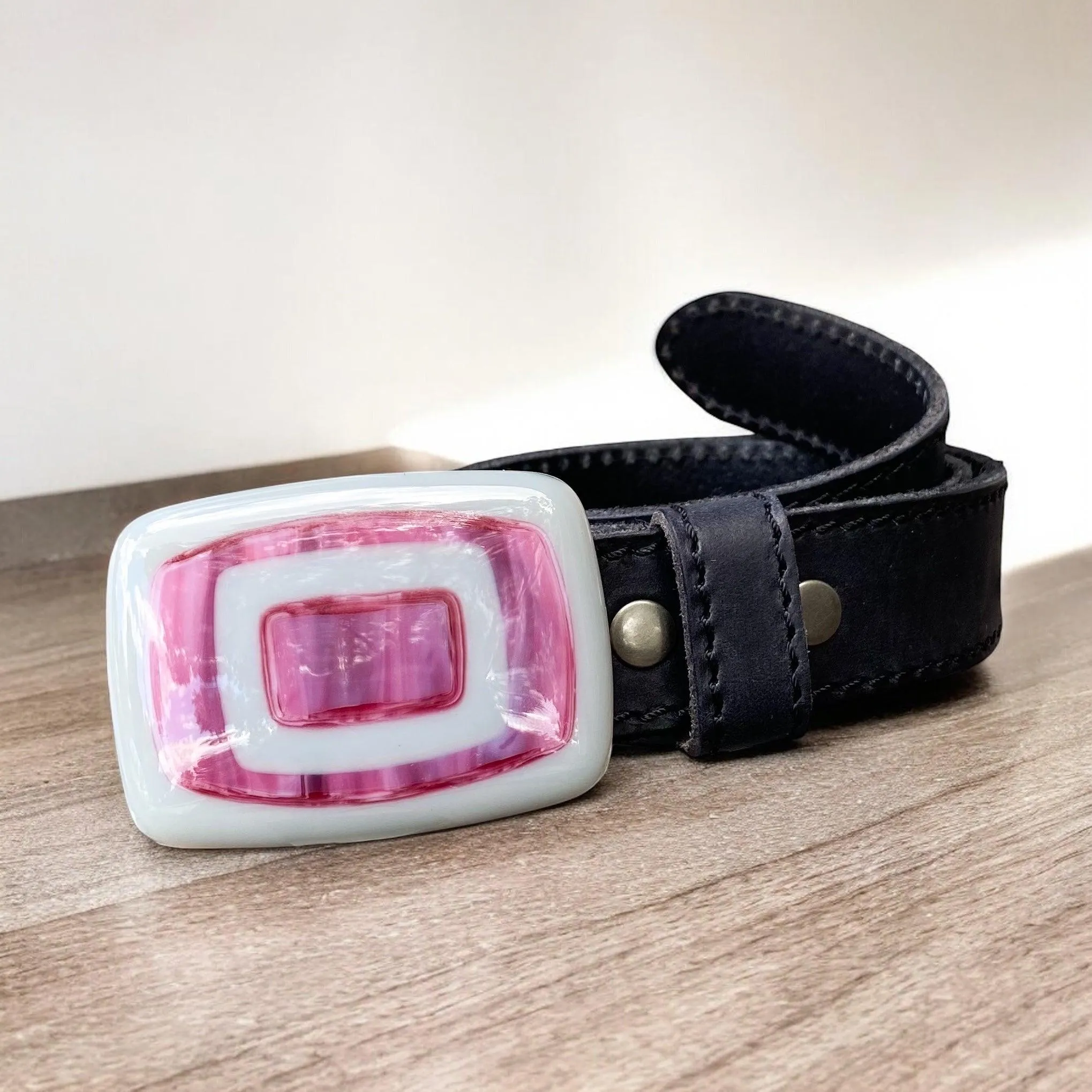 Bold & Colorful Geometric Handblown Glass Buckle Leather Belt