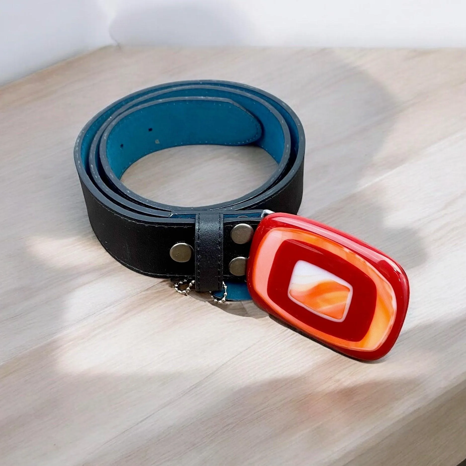 Bold & Colorful Geometric Handblown Glass Buckle Leather Belt