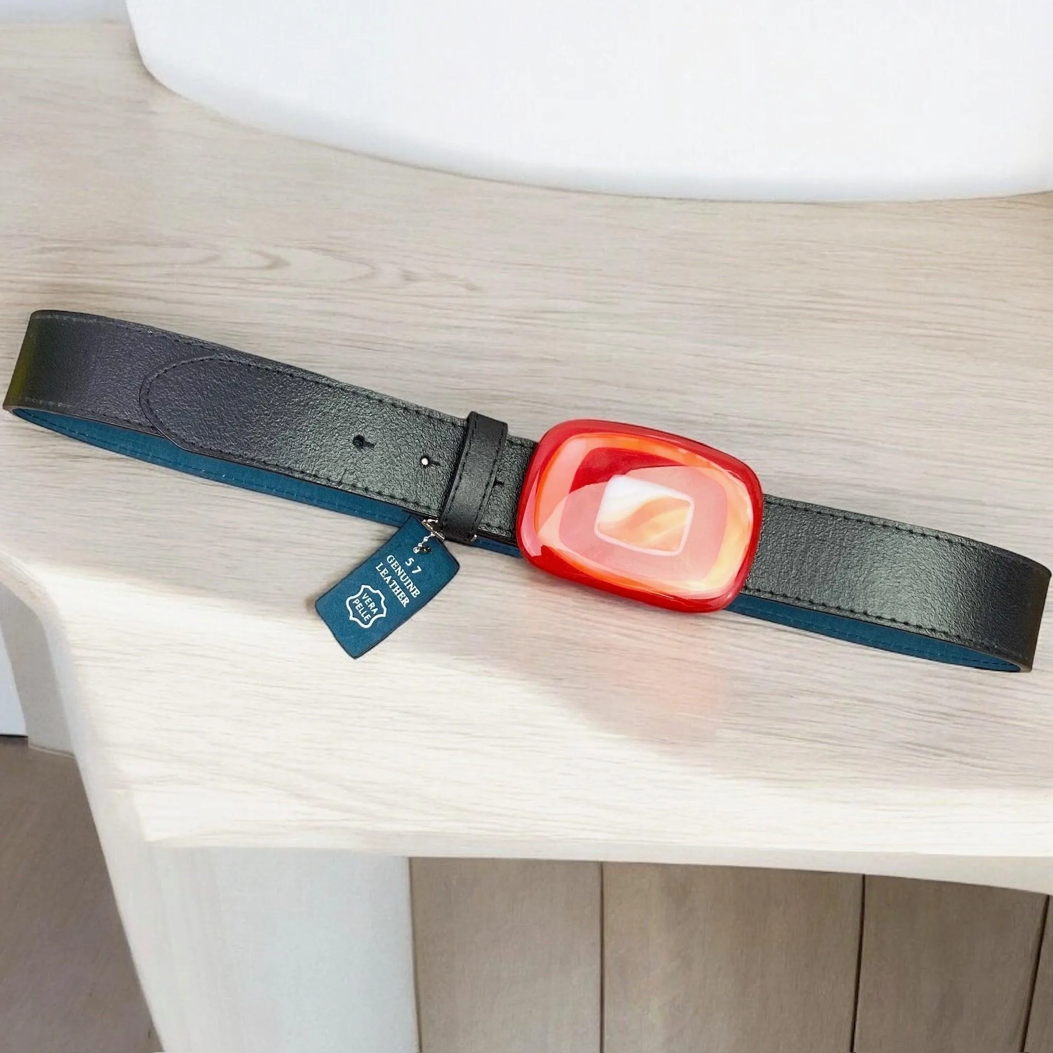 Bold & Colorful Geometric Handblown Glass Buckle Leather Belt