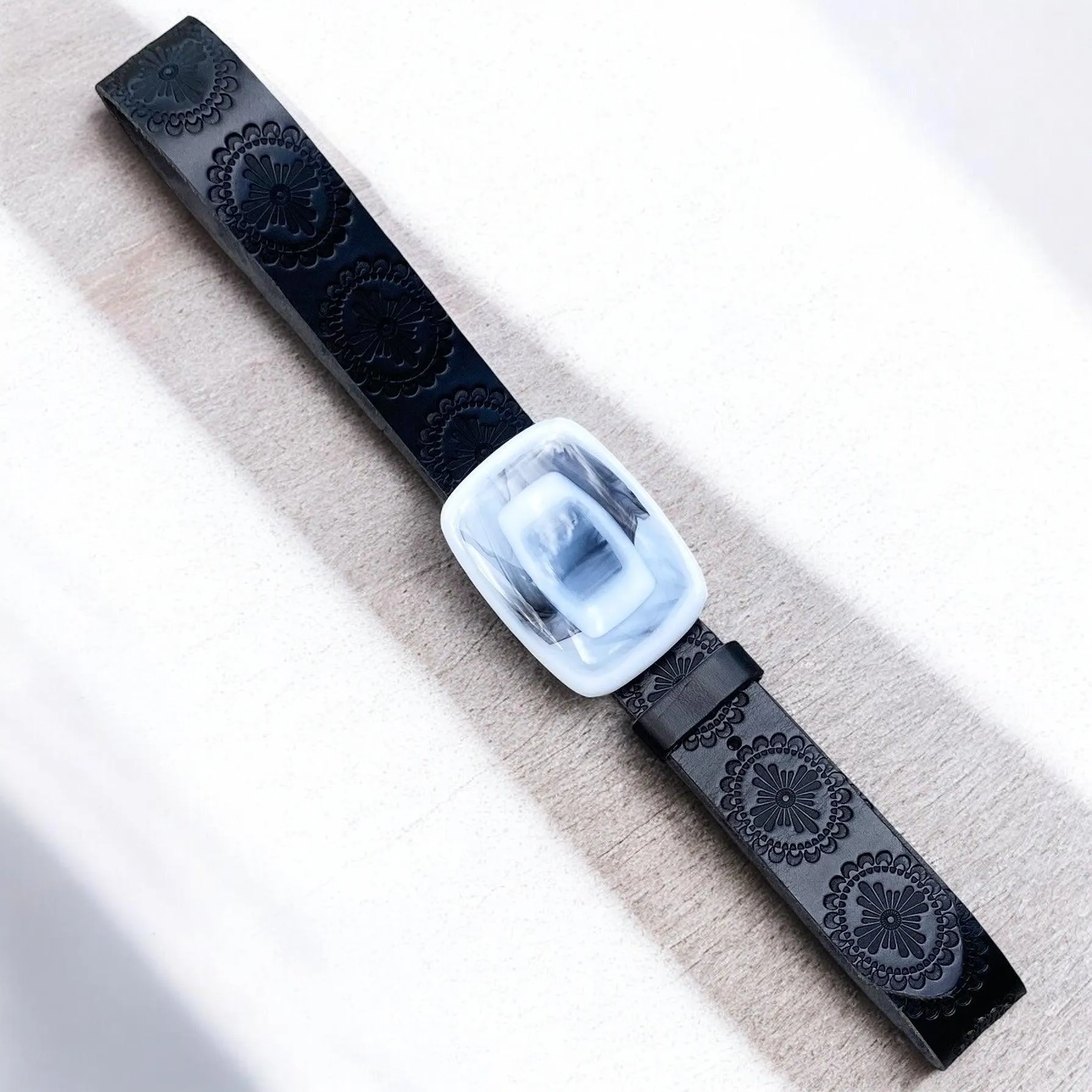 Bold & Colorful Geometric Handblown Glass Buckle Leather Belt