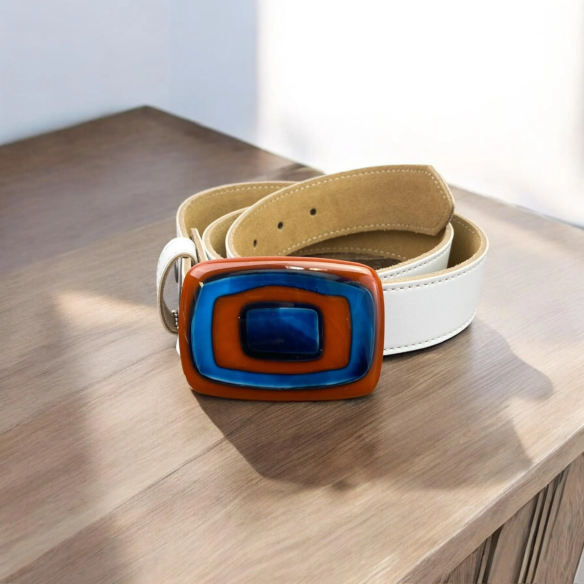 Bold & Colorful Geometric Handblown Glass Buckle Leather Belt