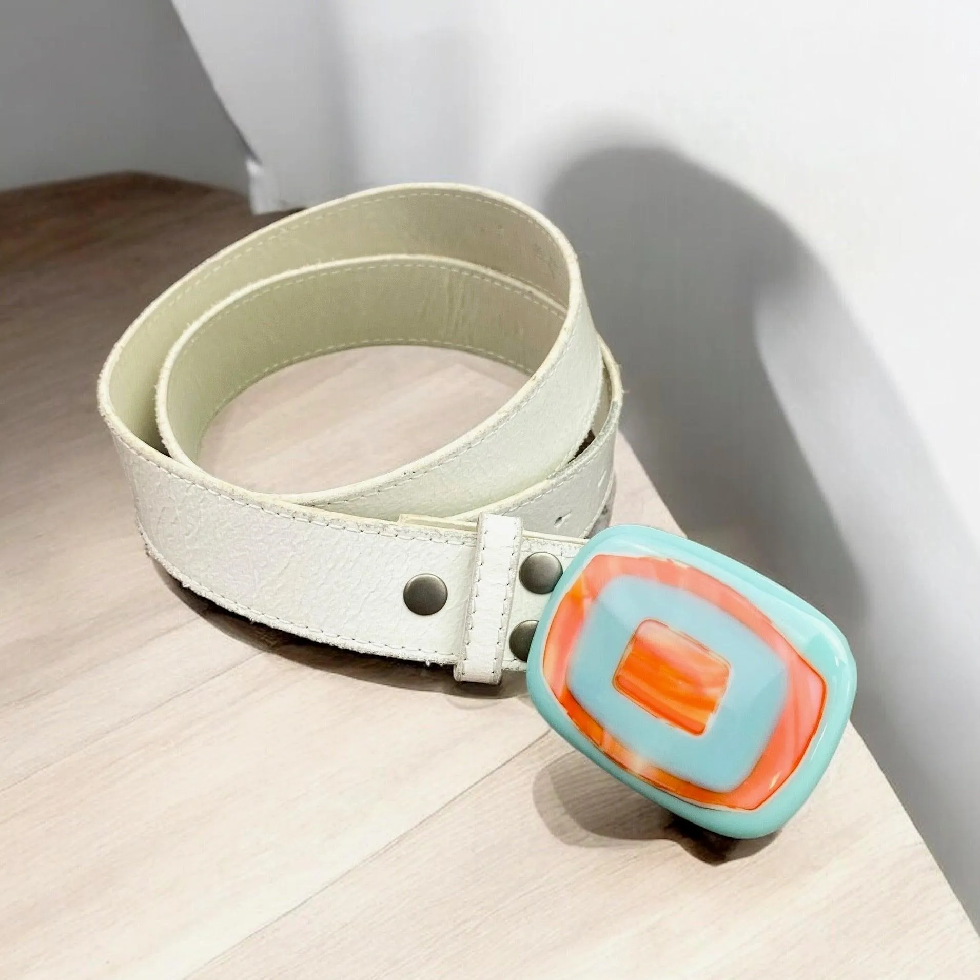Bold & Colorful Geometric Handblown Glass Buckle Leather Belt