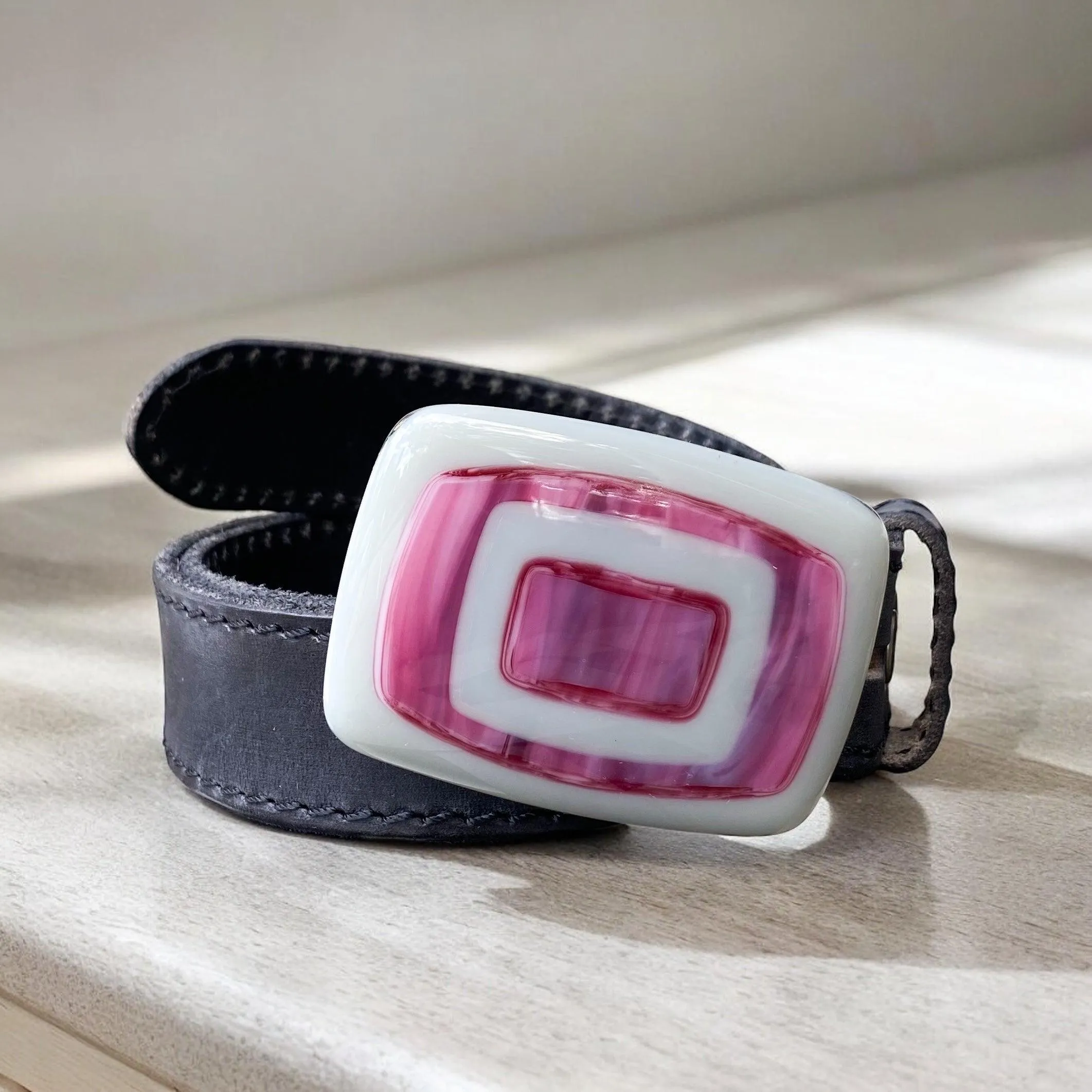 Bold & Colorful Geometric Handblown Glass Buckle Leather Belt