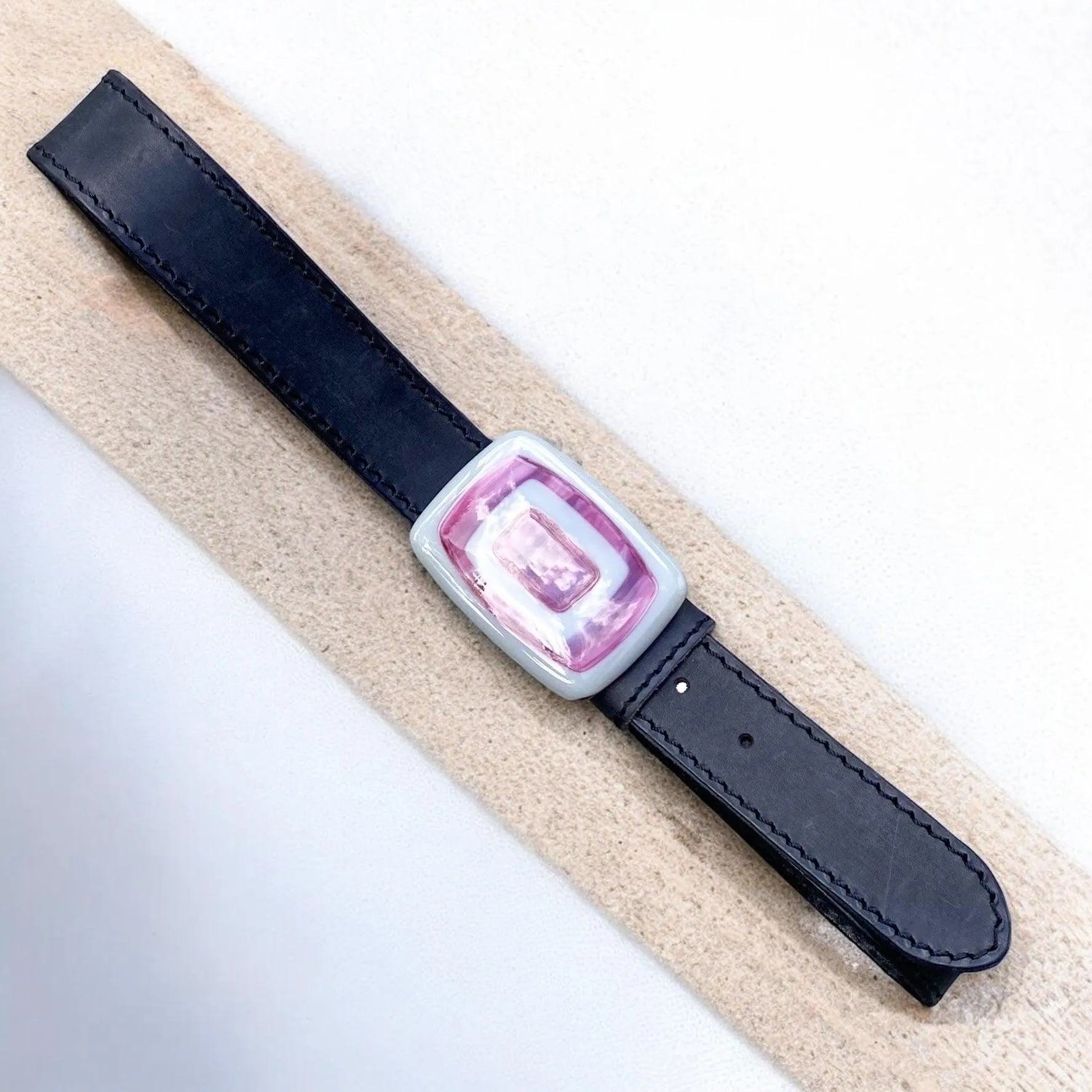Bold & Colorful Geometric Handblown Glass Buckle Leather Belt