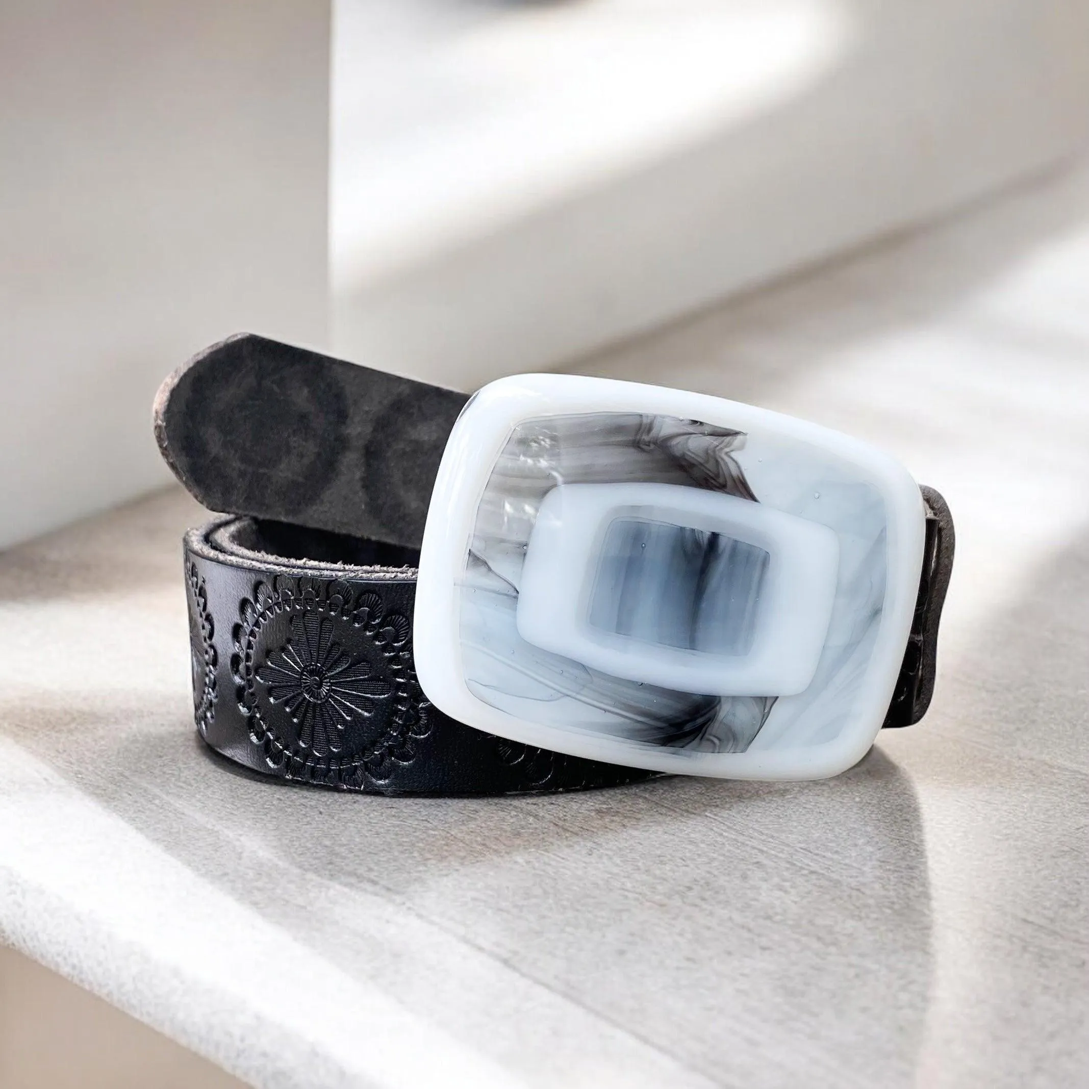 Bold & Colorful Geometric Handblown Glass Buckle Leather Belt