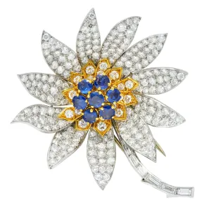 Boucheron Paris 8.60 CTW Diamond Sapphire Platinum 18 Karat Gold Flower Brooch