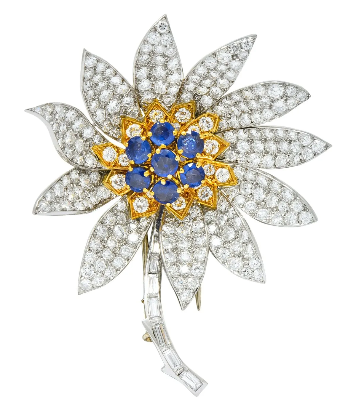 Boucheron Paris 8.60 CTW Diamond Sapphire Platinum 18 Karat Gold Flower Brooch