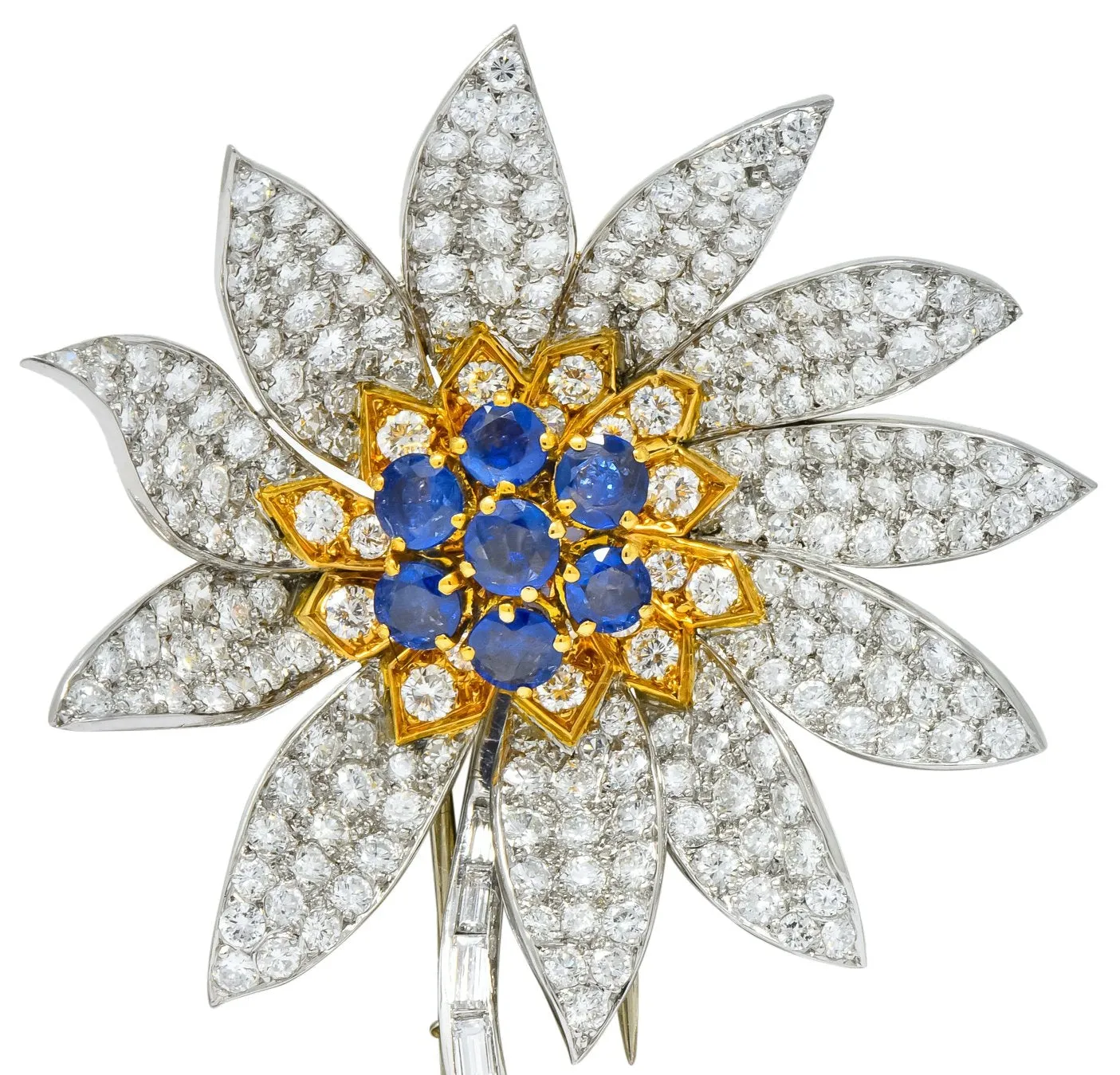 Boucheron Paris 8.60 CTW Diamond Sapphire Platinum 18 Karat Gold Flower Brooch