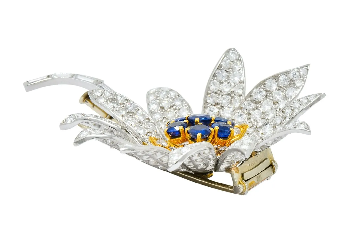 Boucheron Paris 8.60 CTW Diamond Sapphire Platinum 18 Karat Gold Flower Brooch