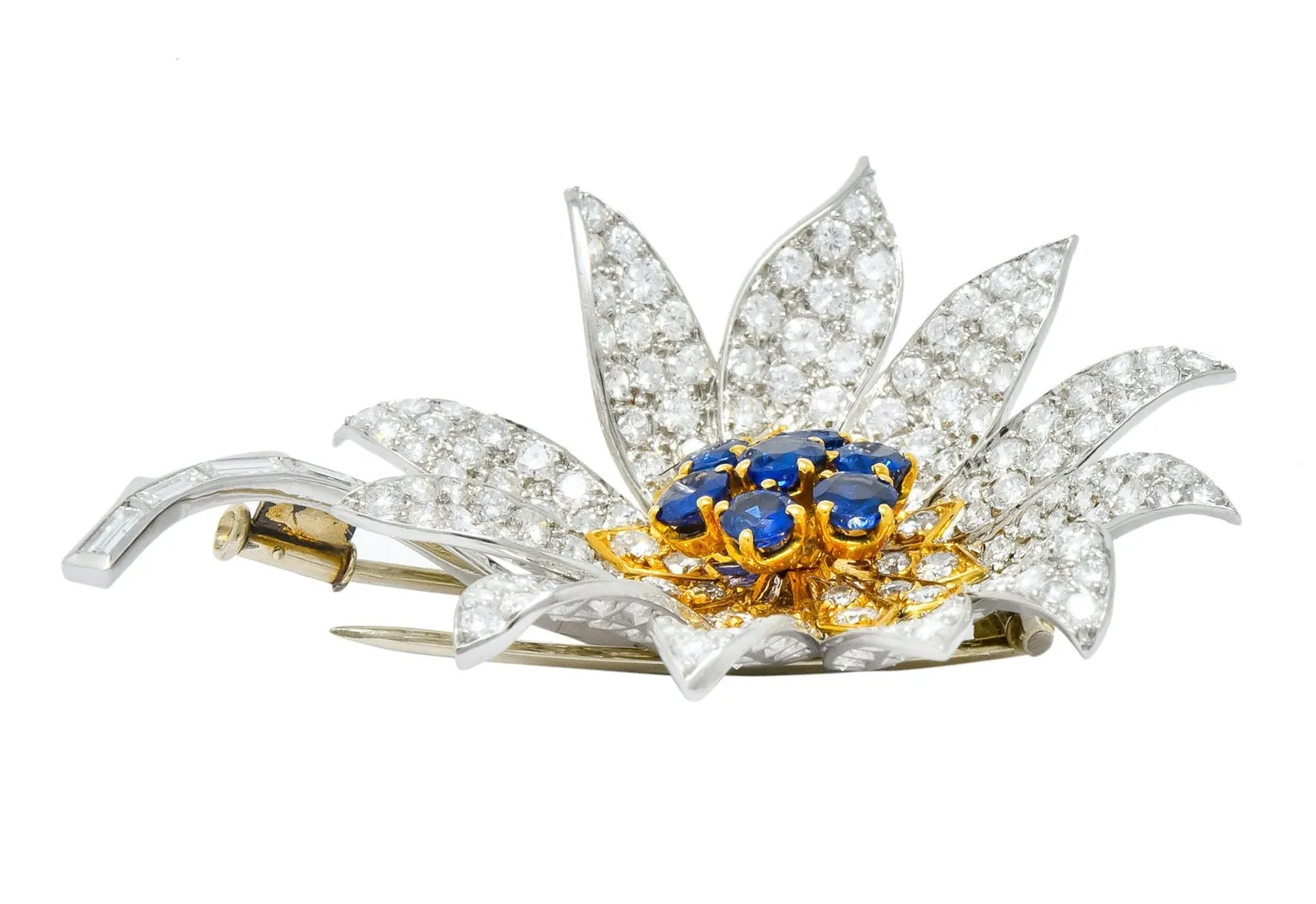 Boucheron Paris 8.60 CTW Diamond Sapphire Platinum 18 Karat Gold Flower Brooch