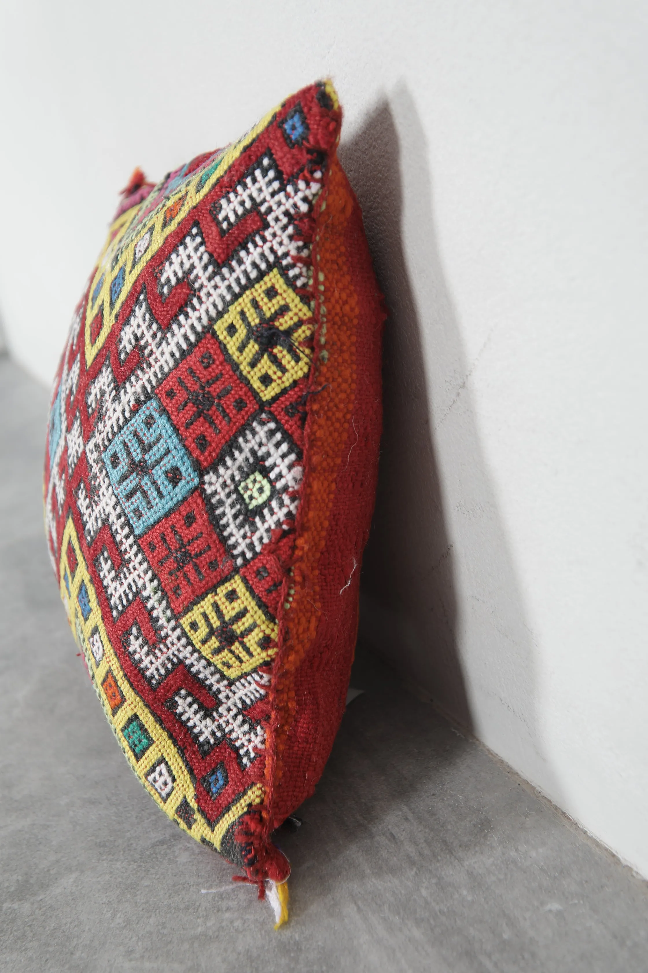 Bright Moroccan Pillow with Multicolor Geometric Patterns - 13.3 x 14.5 Inches