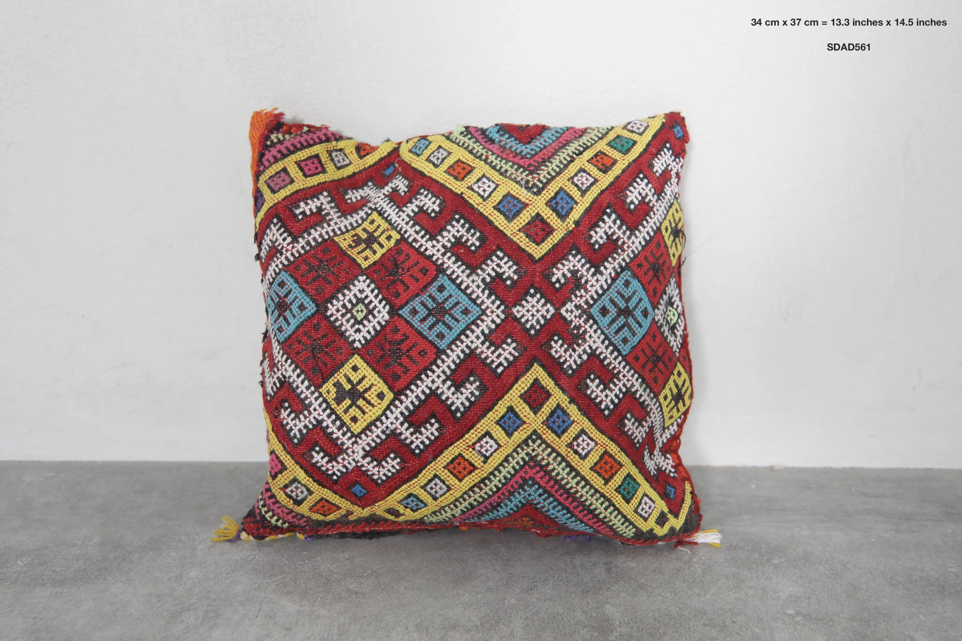 Bright Moroccan Pillow with Multicolor Geometric Patterns - 13.3 x 14.5 Inches