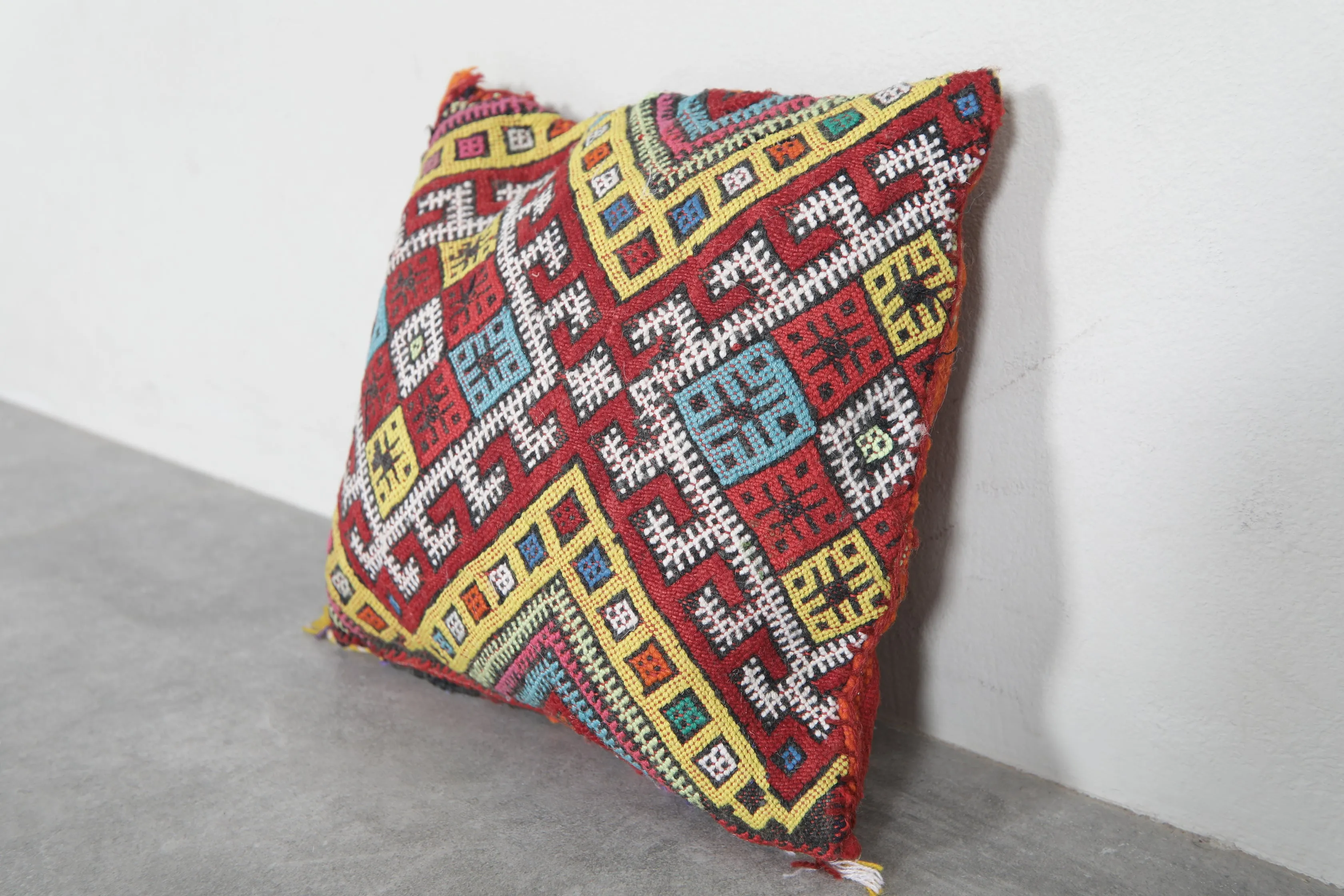 Bright Moroccan Pillow with Multicolor Geometric Patterns - 13.3 x 14.5 Inches