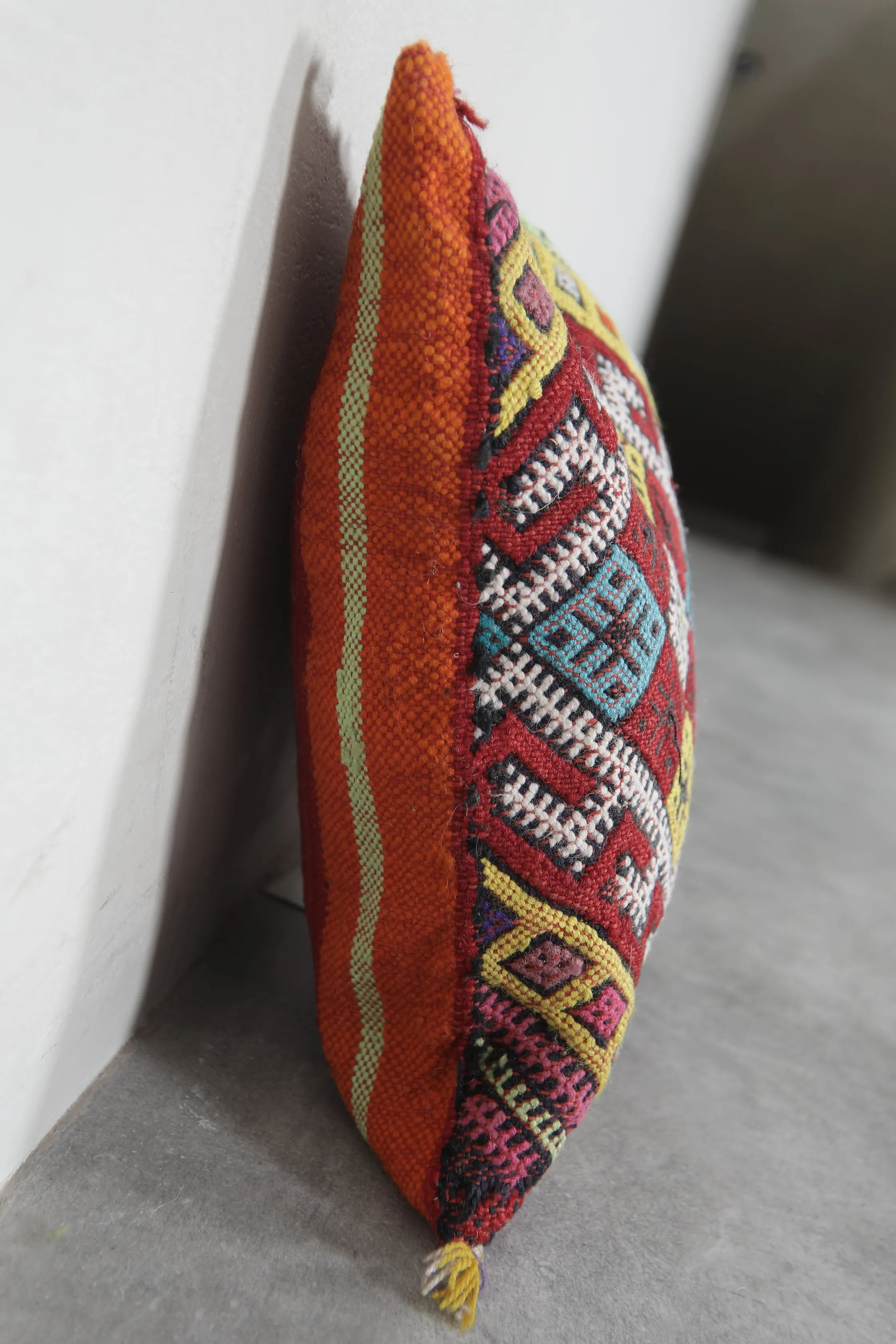 Bright Moroccan Pillow with Multicolor Geometric Patterns - 13.3 x 14.5 Inches