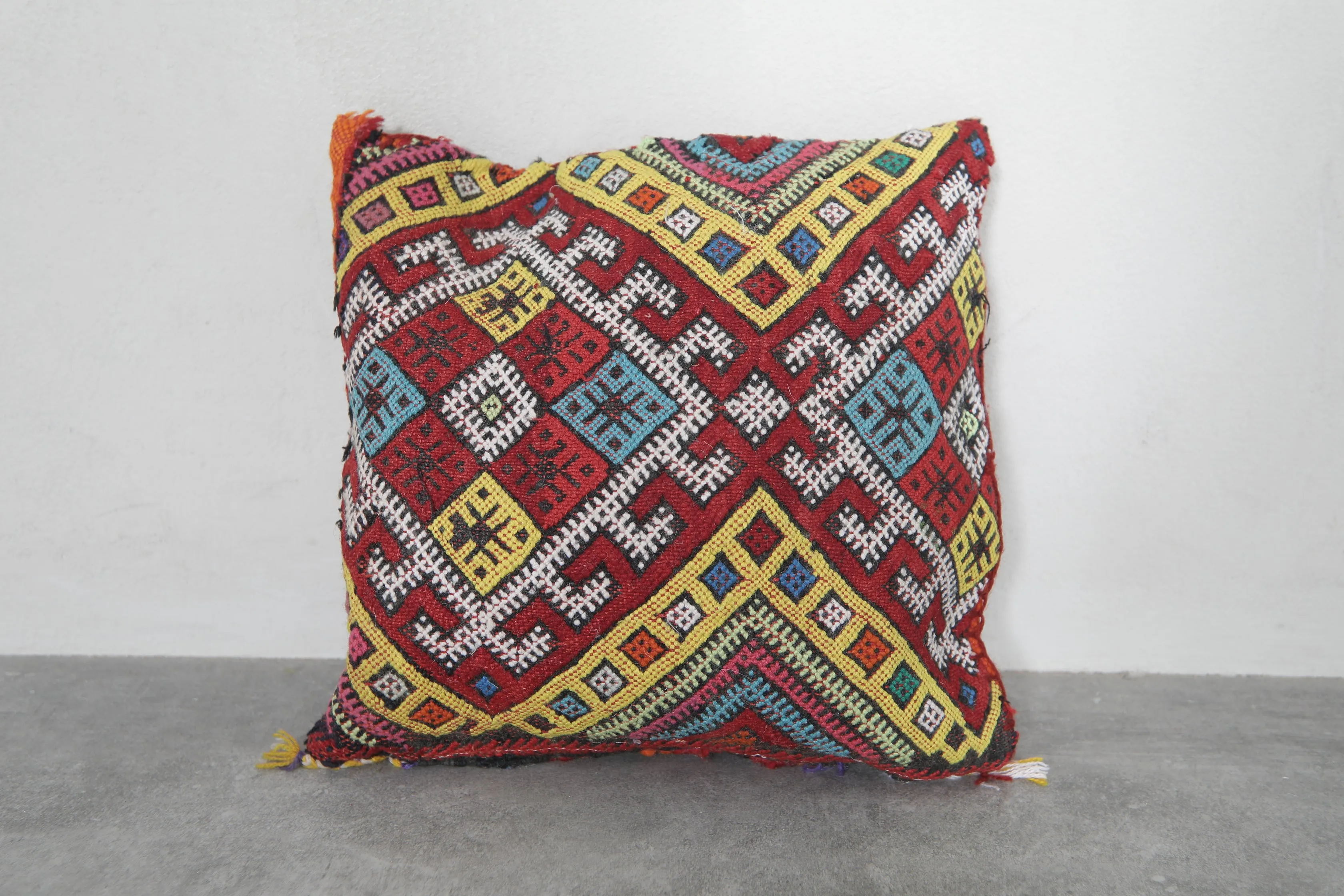 Bright Moroccan Pillow with Multicolor Geometric Patterns - 13.3 x 14.5 Inches