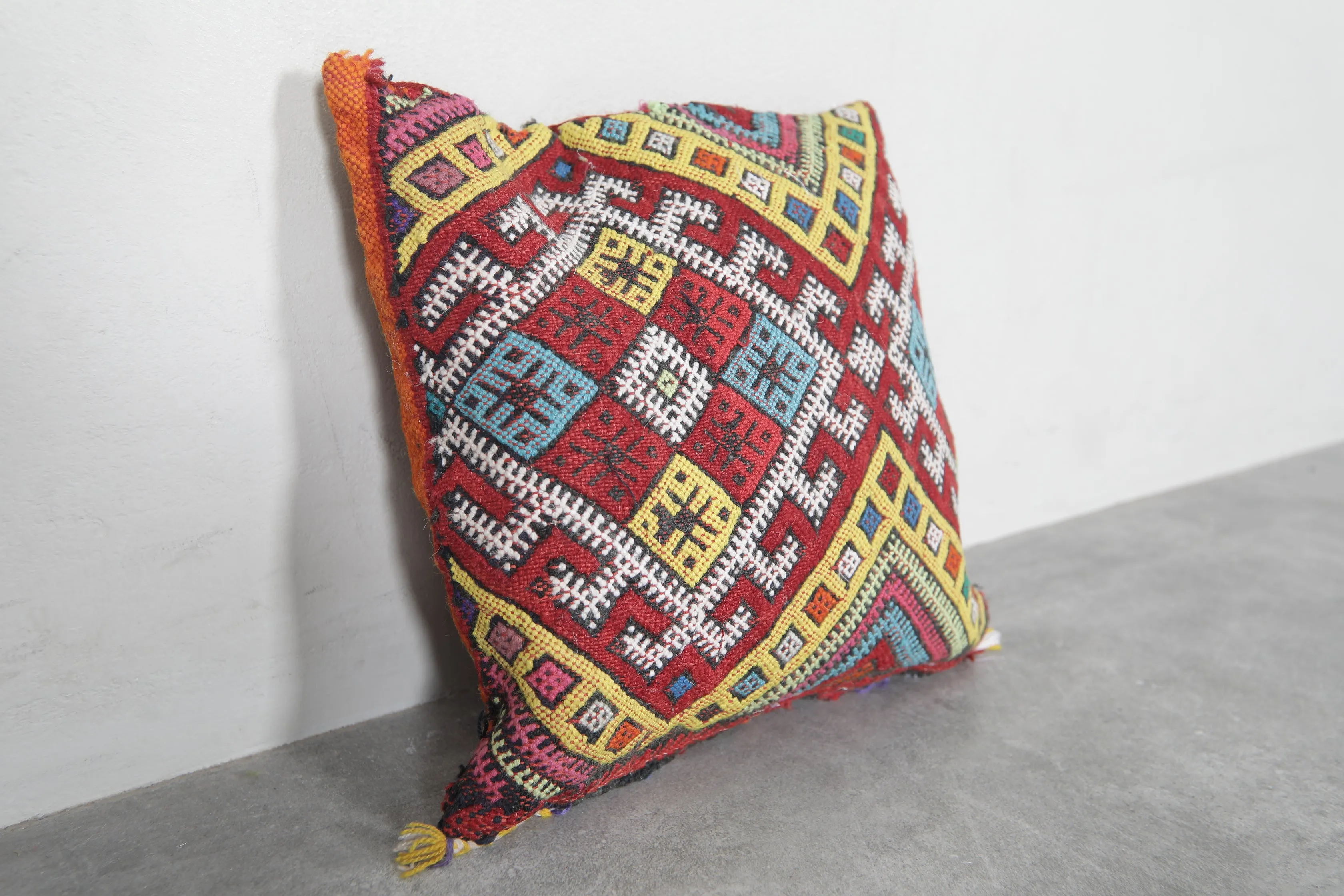 Bright Moroccan Pillow with Multicolor Geometric Patterns - 13.3 x 14.5 Inches