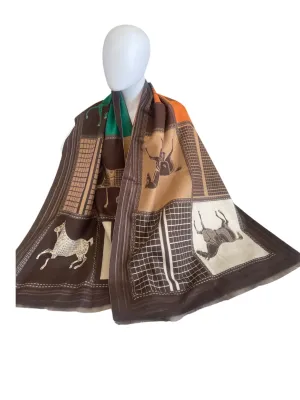 Brown Orange And Green Wool Horse Scarf