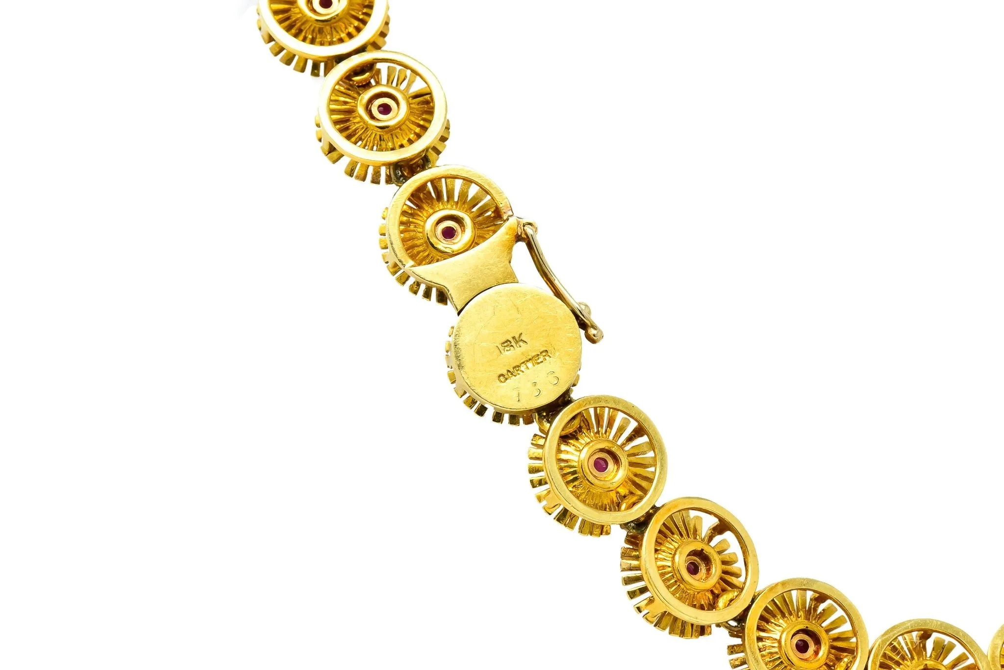 Cartier 1950's Retro Ruby 18 Karat Yellow Gold Flower Disc Collar Necklace