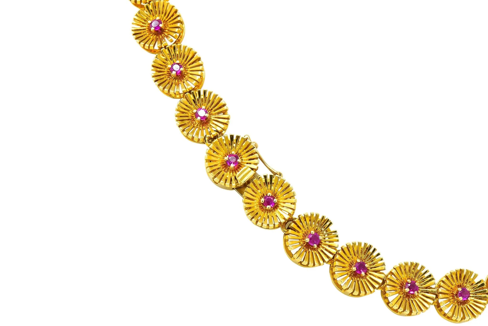 Cartier 1950's Retro Ruby 18 Karat Yellow Gold Flower Disc Collar Necklace