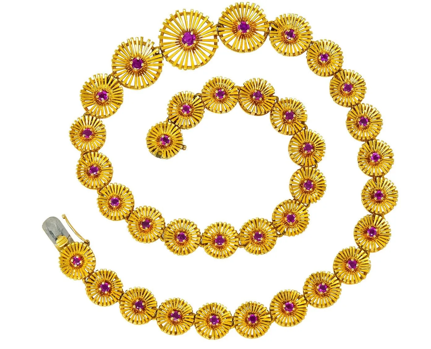 Cartier 1950's Retro Ruby 18 Karat Yellow Gold Flower Disc Collar Necklace