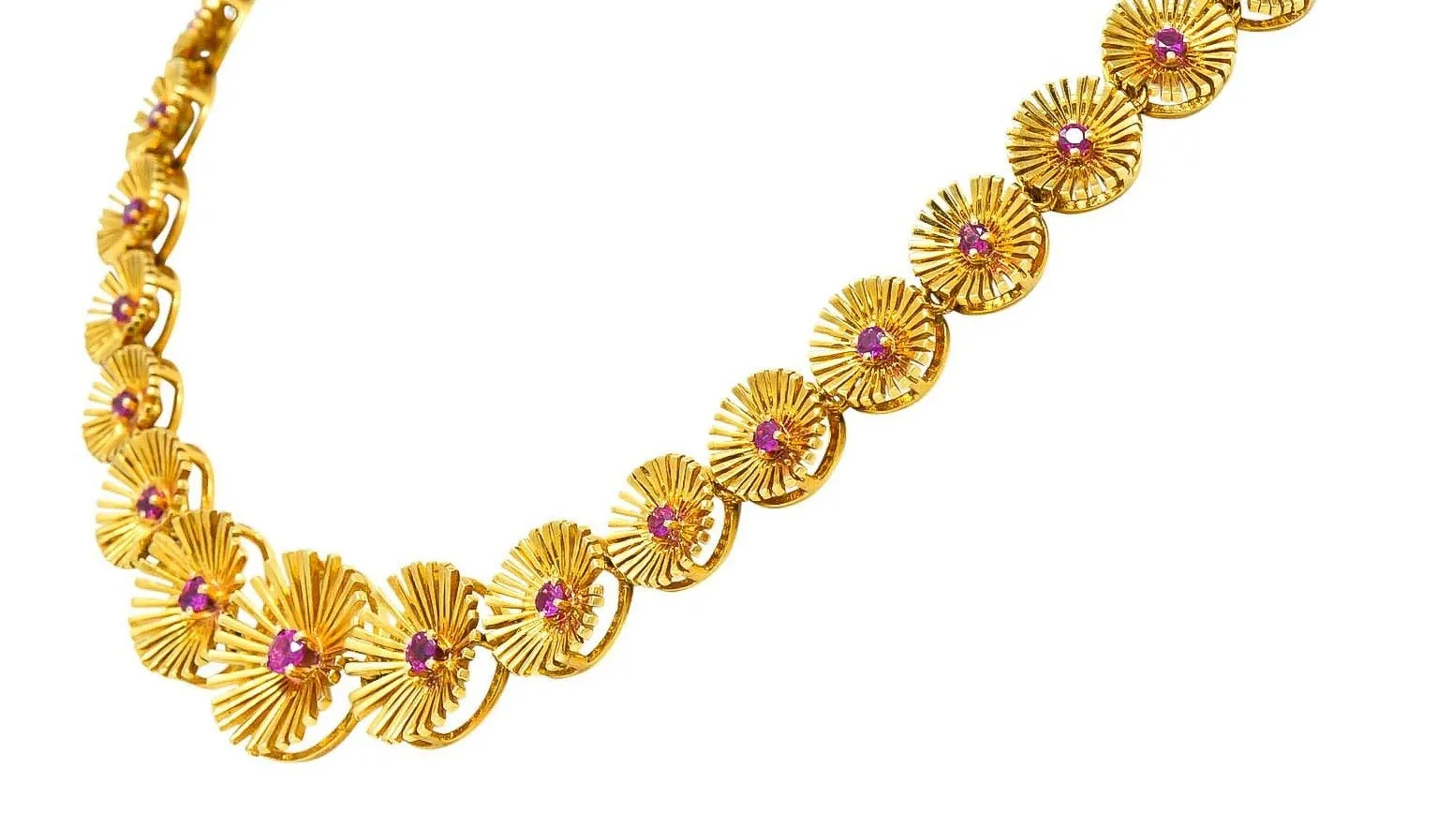 Cartier 1950's Retro Ruby 18 Karat Yellow Gold Flower Disc Collar Necklace