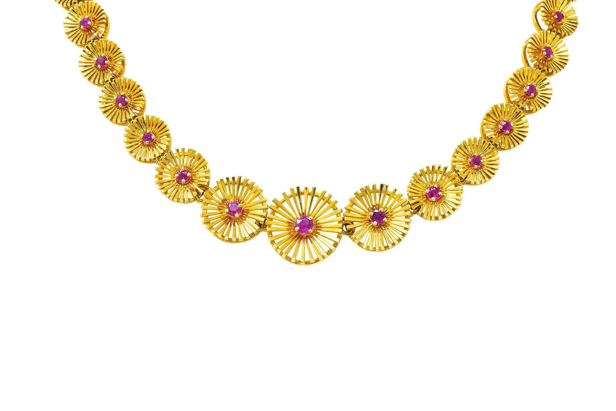 Cartier 1950's Retro Ruby 18 Karat Yellow Gold Flower Disc Collar Necklace
