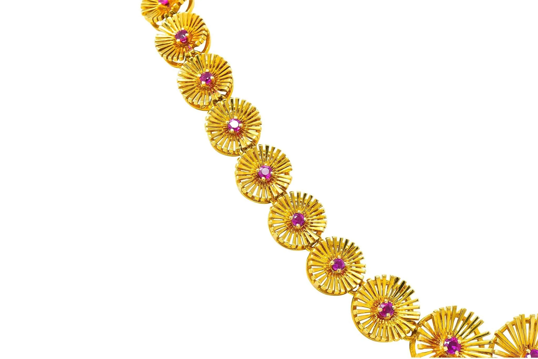 Cartier 1950's Retro Ruby 18 Karat Yellow Gold Flower Disc Collar Necklace