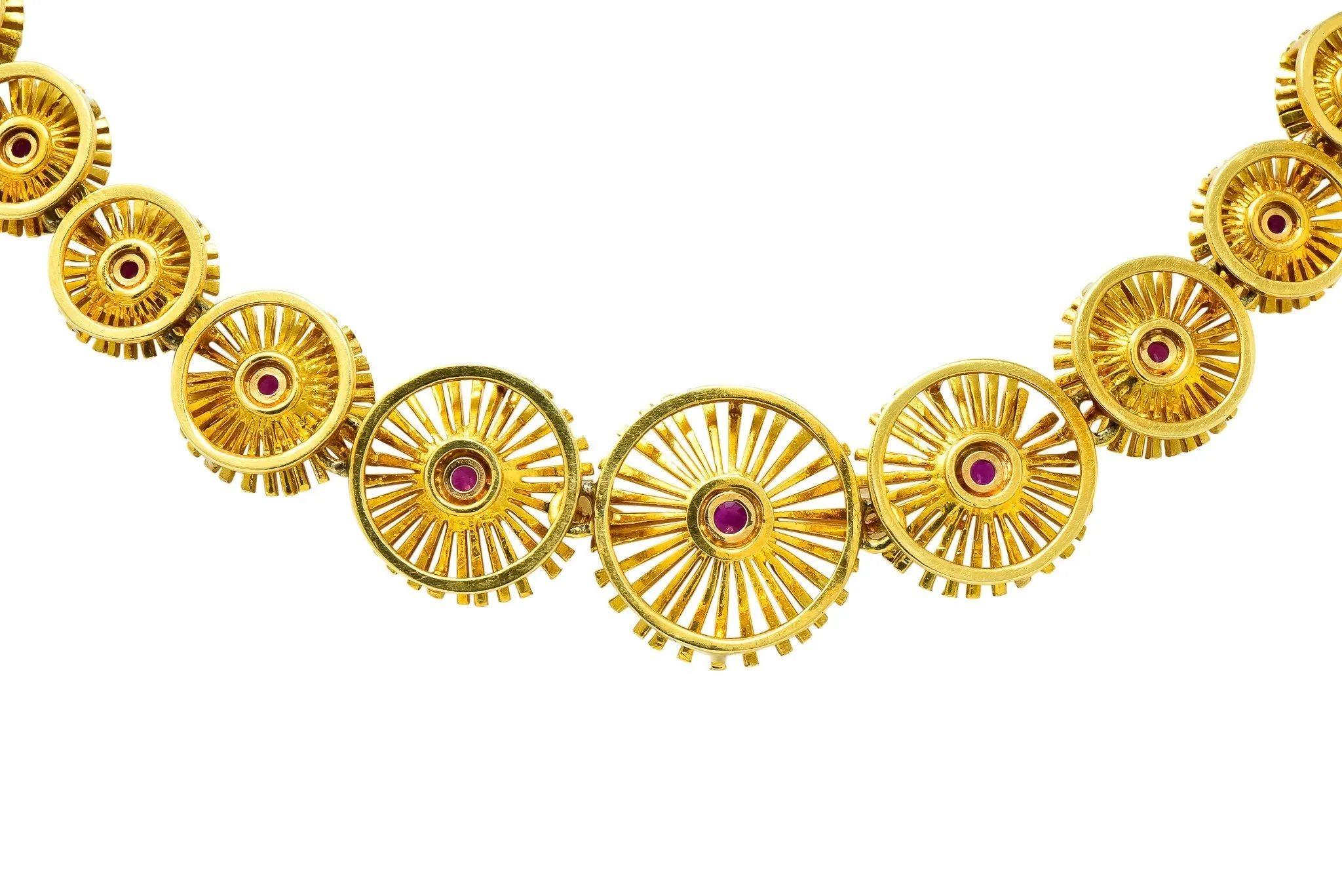 Cartier 1950's Retro Ruby 18 Karat Yellow Gold Flower Disc Collar Necklace