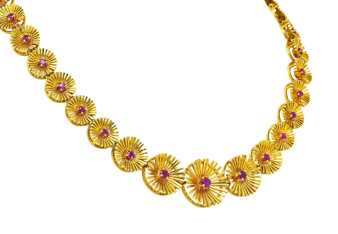 Cartier 1950's Retro Ruby 18 Karat Yellow Gold Flower Disc Collar Necklace