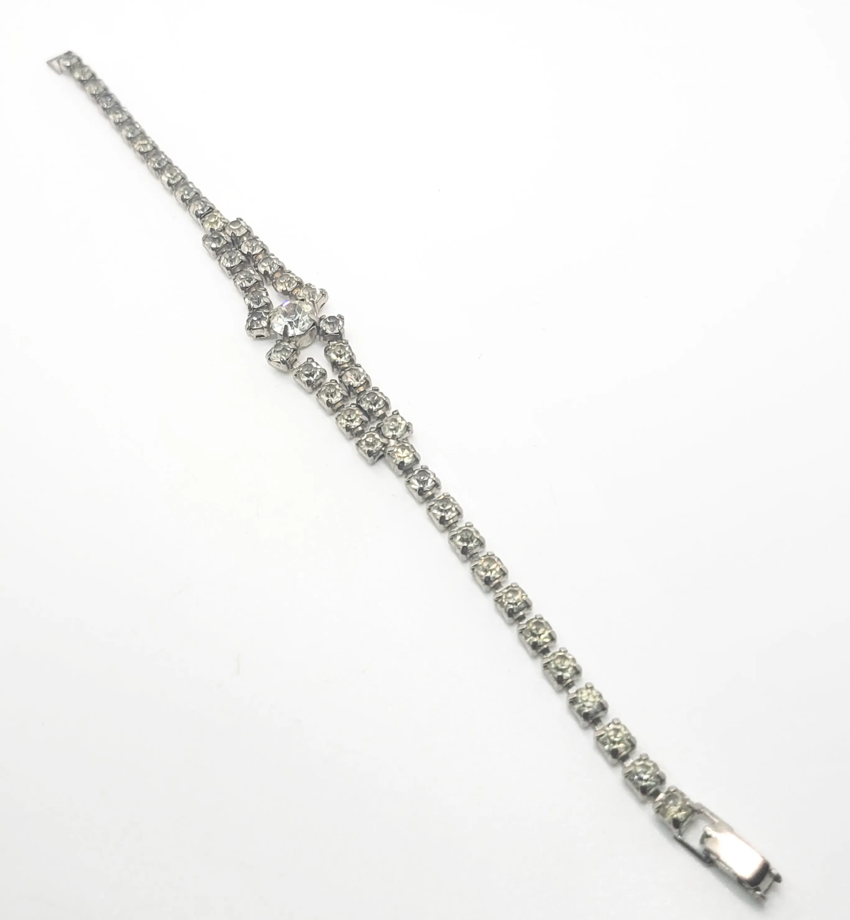 Chevron clear rhinestone prong set vintage tennis bracelet mid century