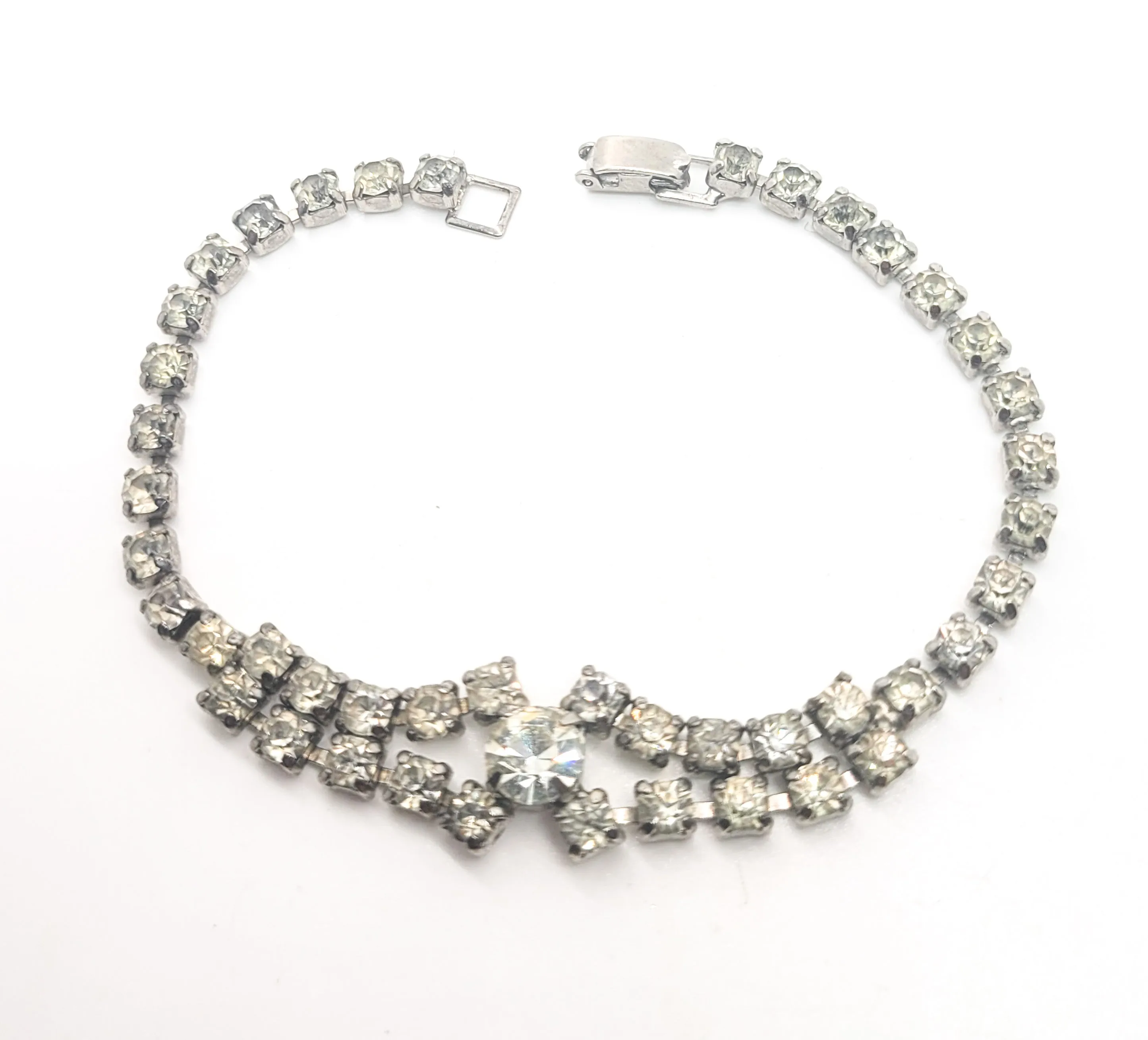 Chevron clear rhinestone prong set vintage tennis bracelet mid century