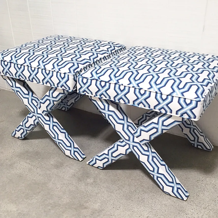 China Seas Fabric: Gorrivan Fretwork - Custom Navy / Periwinkle on White Belgian Linen / Cotton