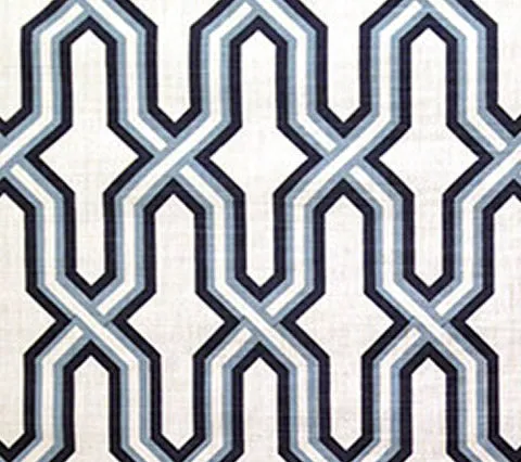 China Seas Fabric: Gorrivan Fretwork - Custom Navy / Periwinkle on White Belgian Linen / Cotton