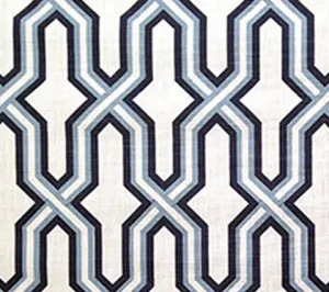 China Seas Fabric: Gorrivan Fretwork - Custom Navy / Periwinkle on White Belgian Linen / Cotton