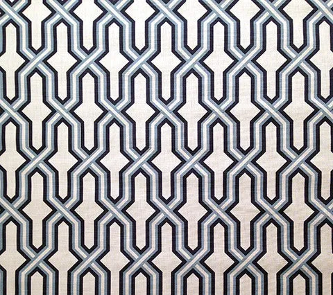 China Seas Fabric: Gorrivan Fretwork - Custom Navy / Periwinkle on White Belgian Linen / Cotton