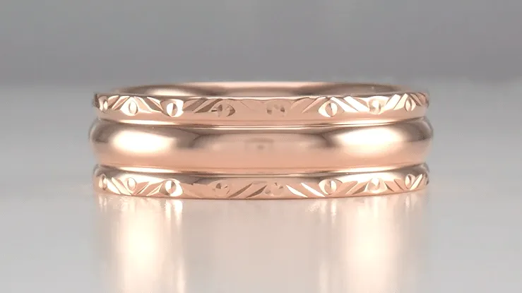 Circles and Chevrons 1950's 14K Rose Gold Retro Engraved Wedding Band - 6mm Wide