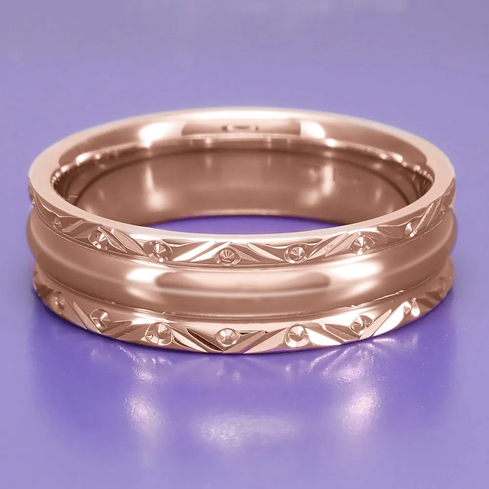 Circles and Chevrons 1950's 14K Rose Gold Retro Engraved Wedding Band - 6mm Wide