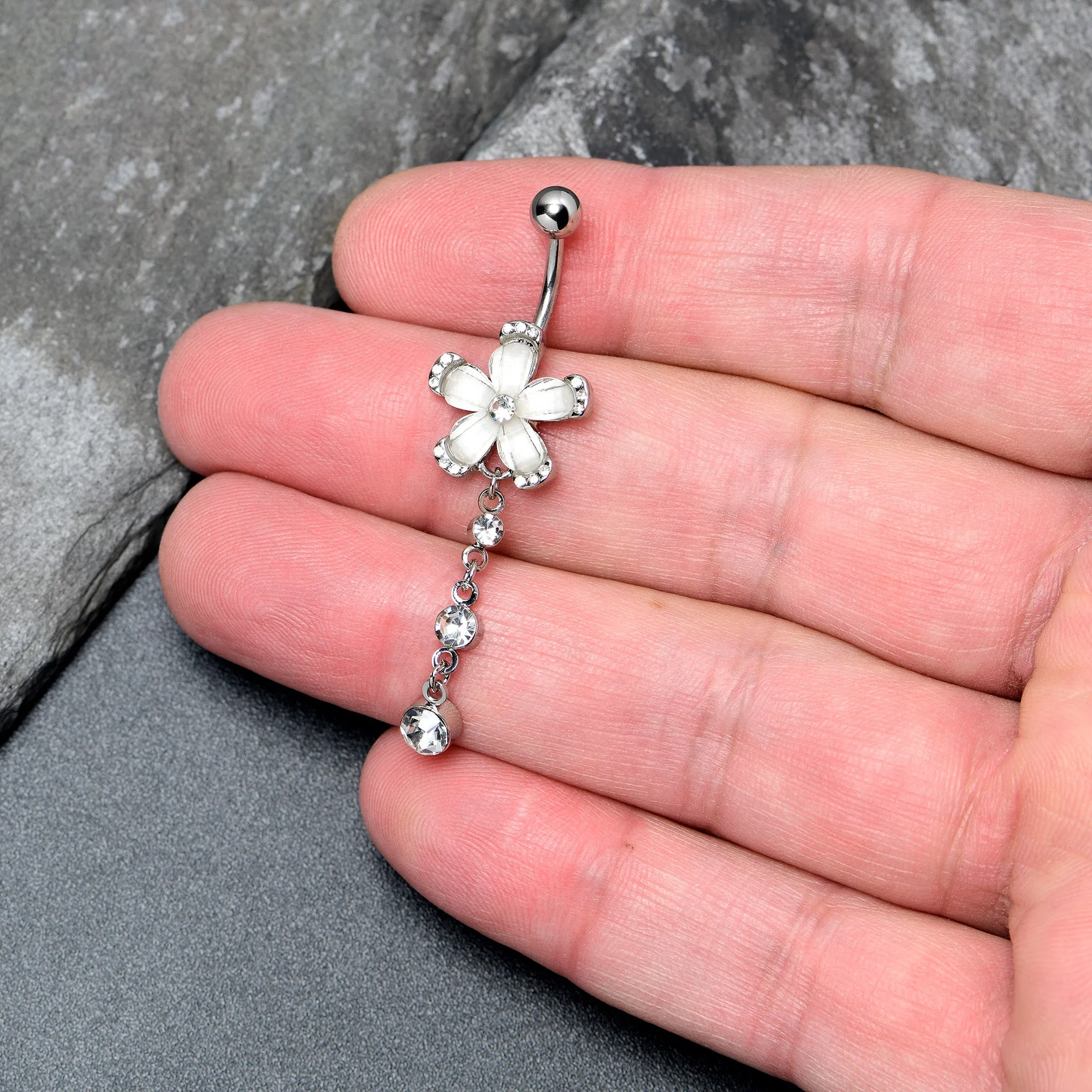 Clear Gem Retro Flower Glamour Dangle Belly Ring