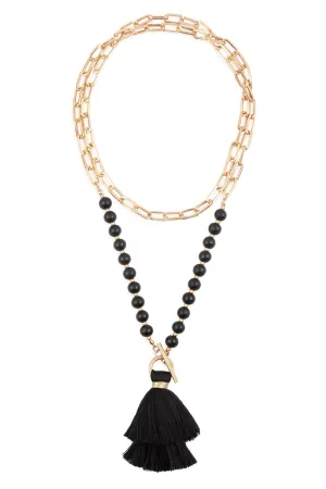 COTTON TASSEL CHAIN BEADED NECKLACE