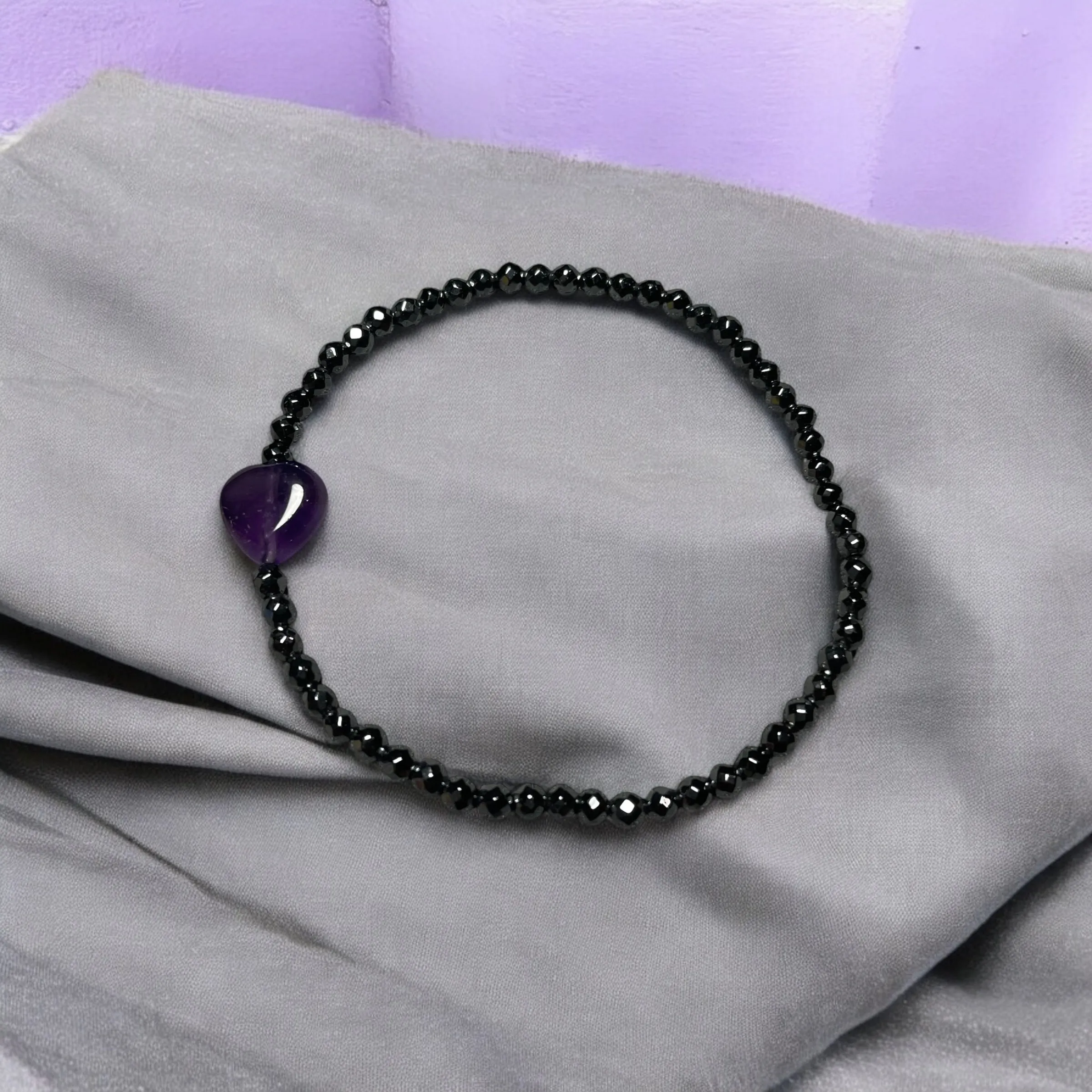 Dainty Amethyst Heart and Hematite Bracelet