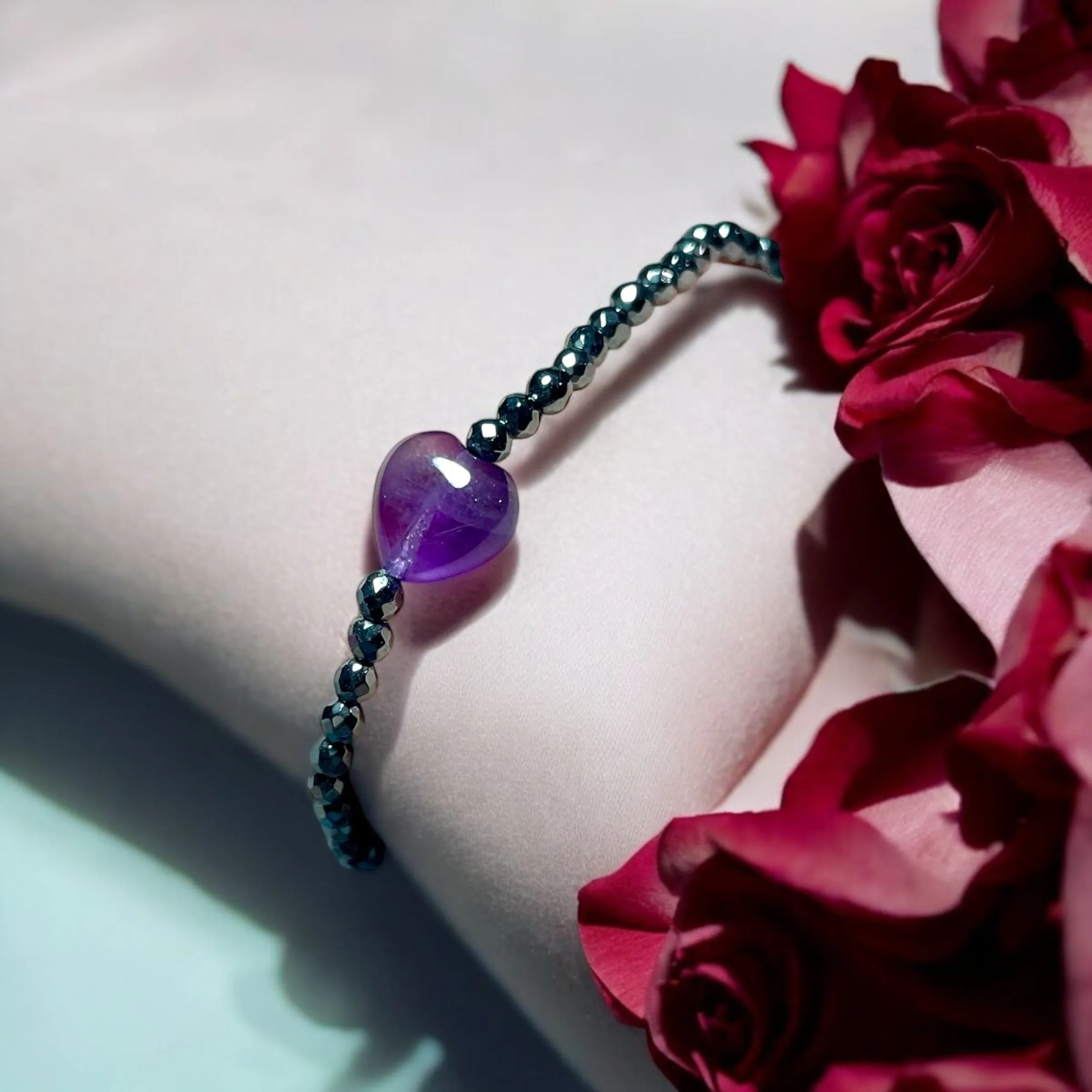 Dainty Amethyst Heart and Hematite Bracelet