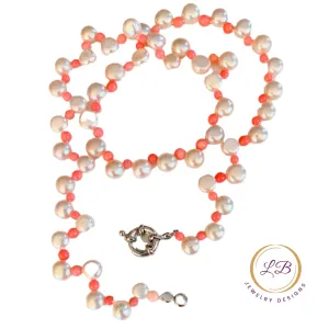 Dainty Pink Coral and White Button Pearl Necklace 17"