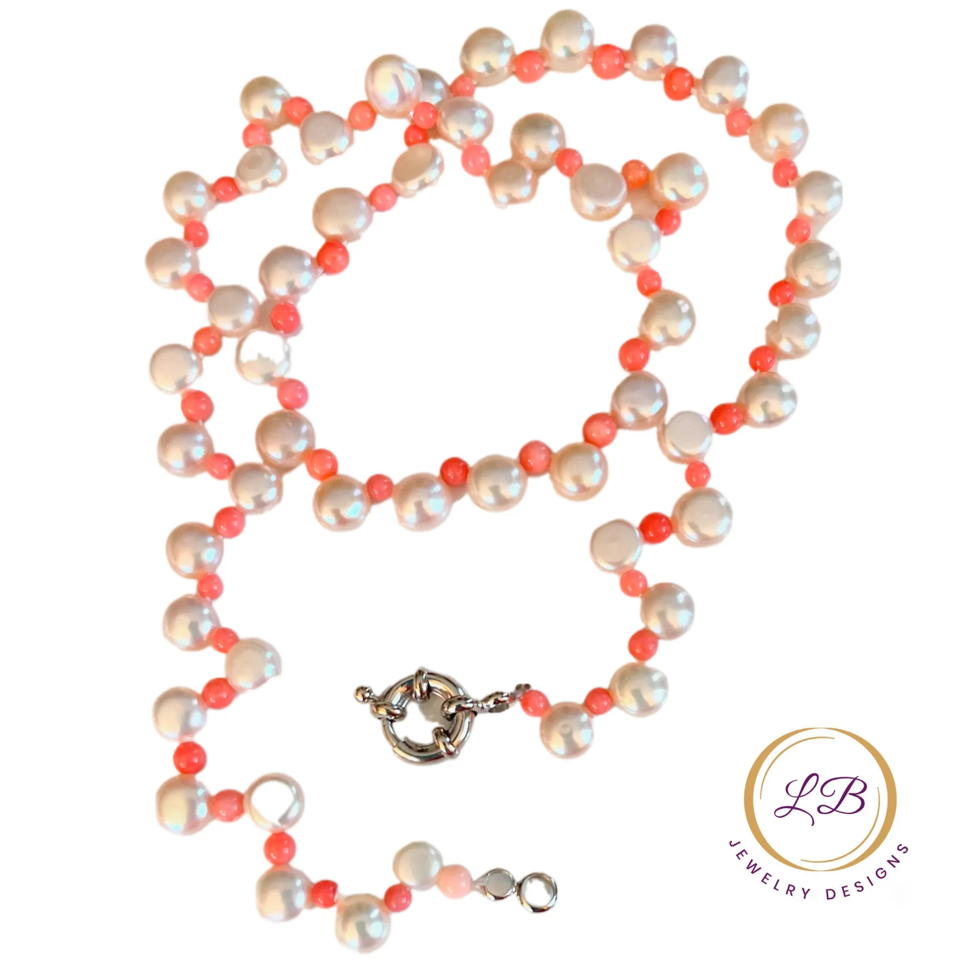 Dainty Pink Coral and White Button Pearl Necklace 17"