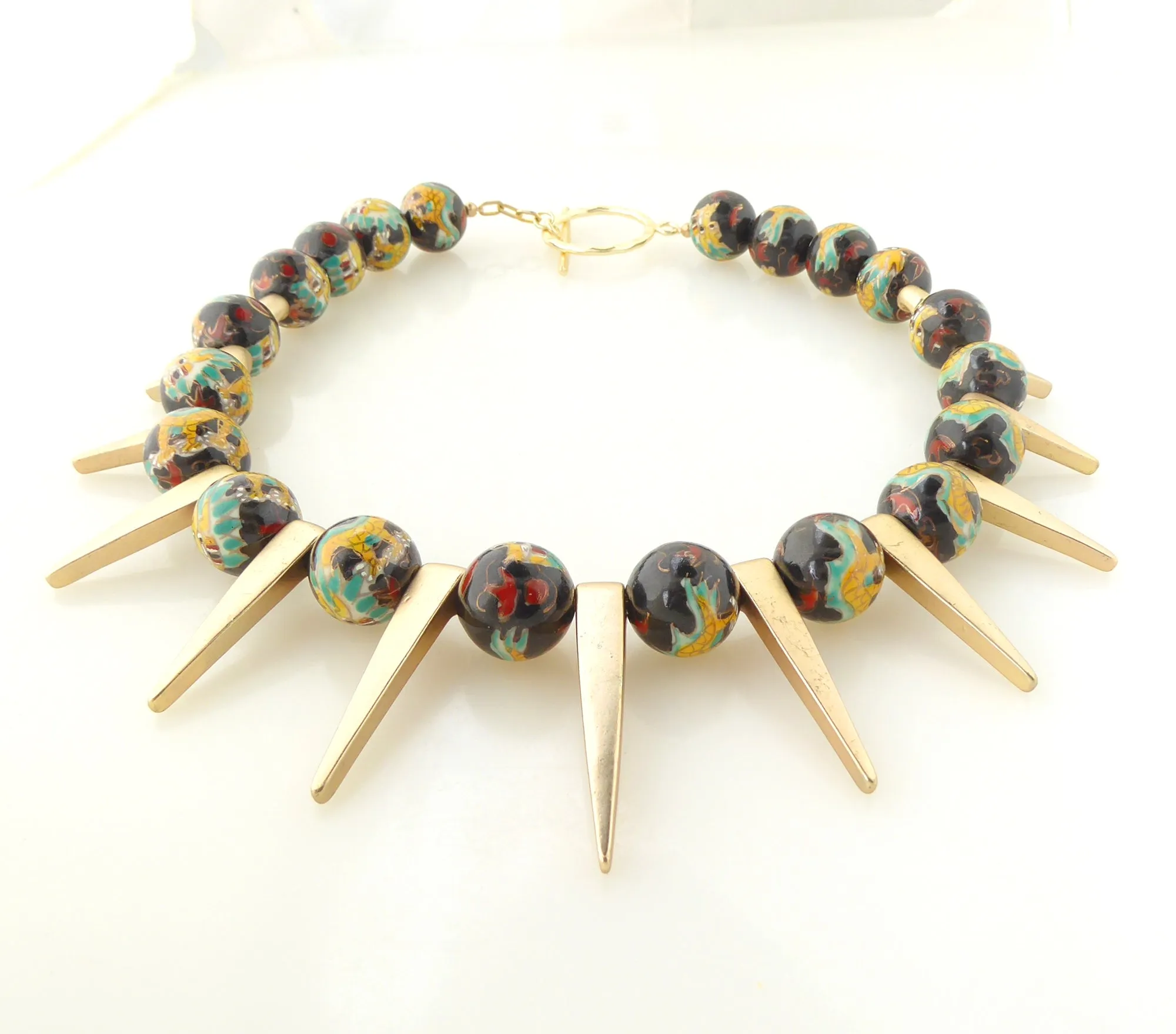 Dragon enamel and gold spike necklace