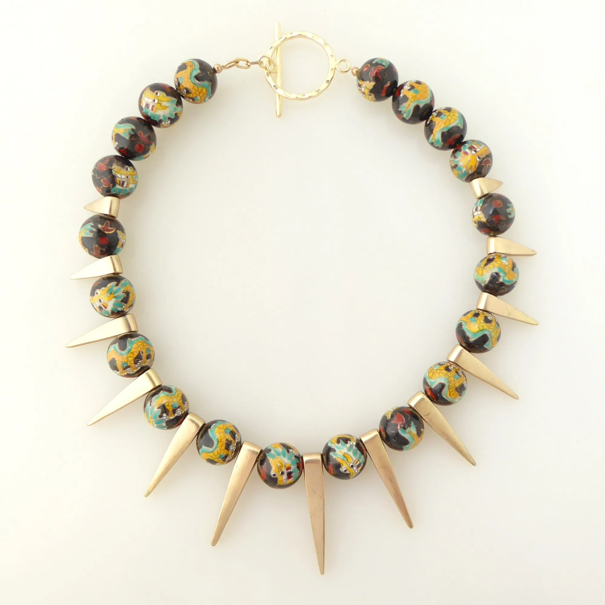 Dragon enamel and gold spike necklace