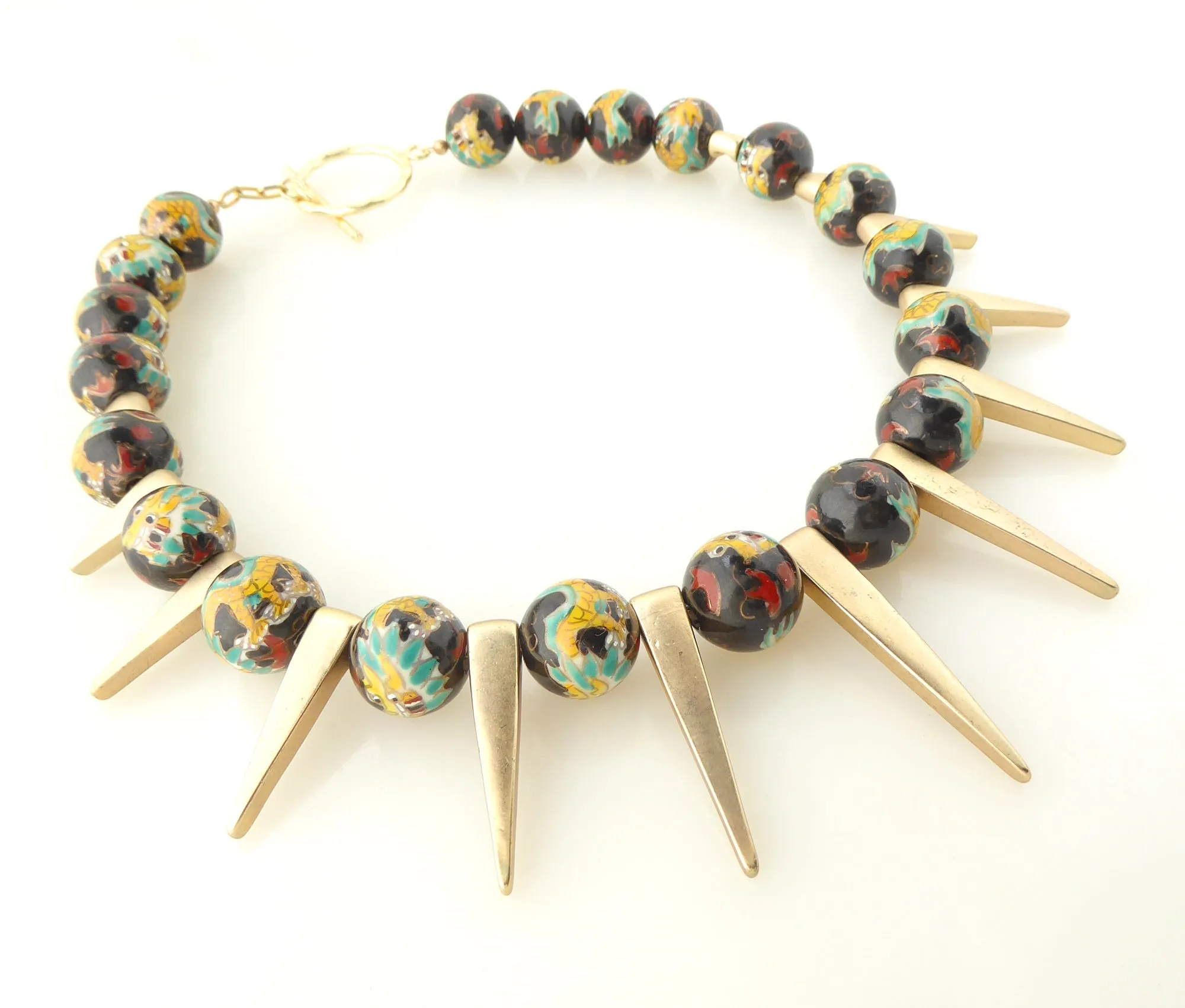 Dragon enamel and gold spike necklace